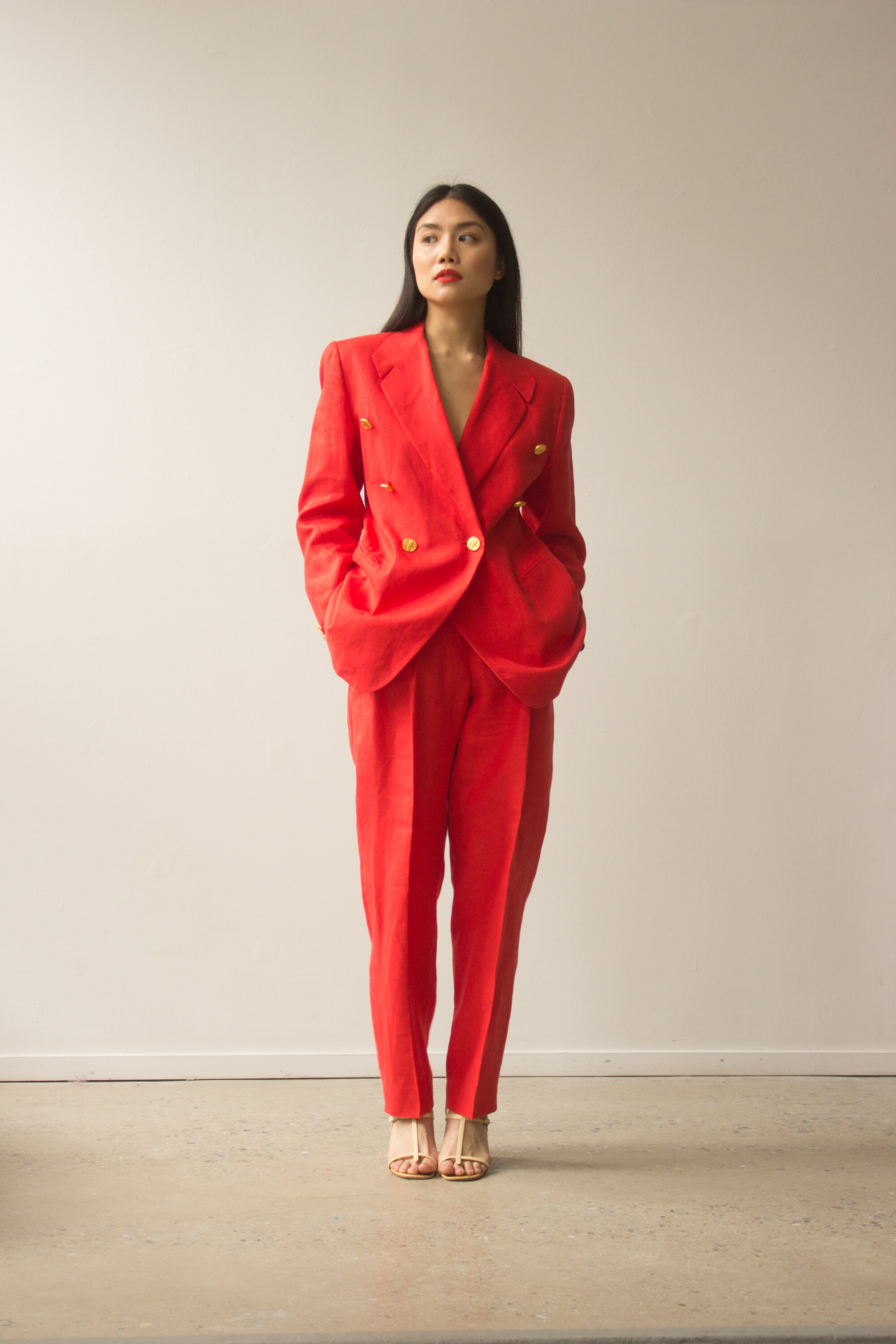 1980s ESCADA Flame Red Linen Suit with Gold Buttons — Wayward  