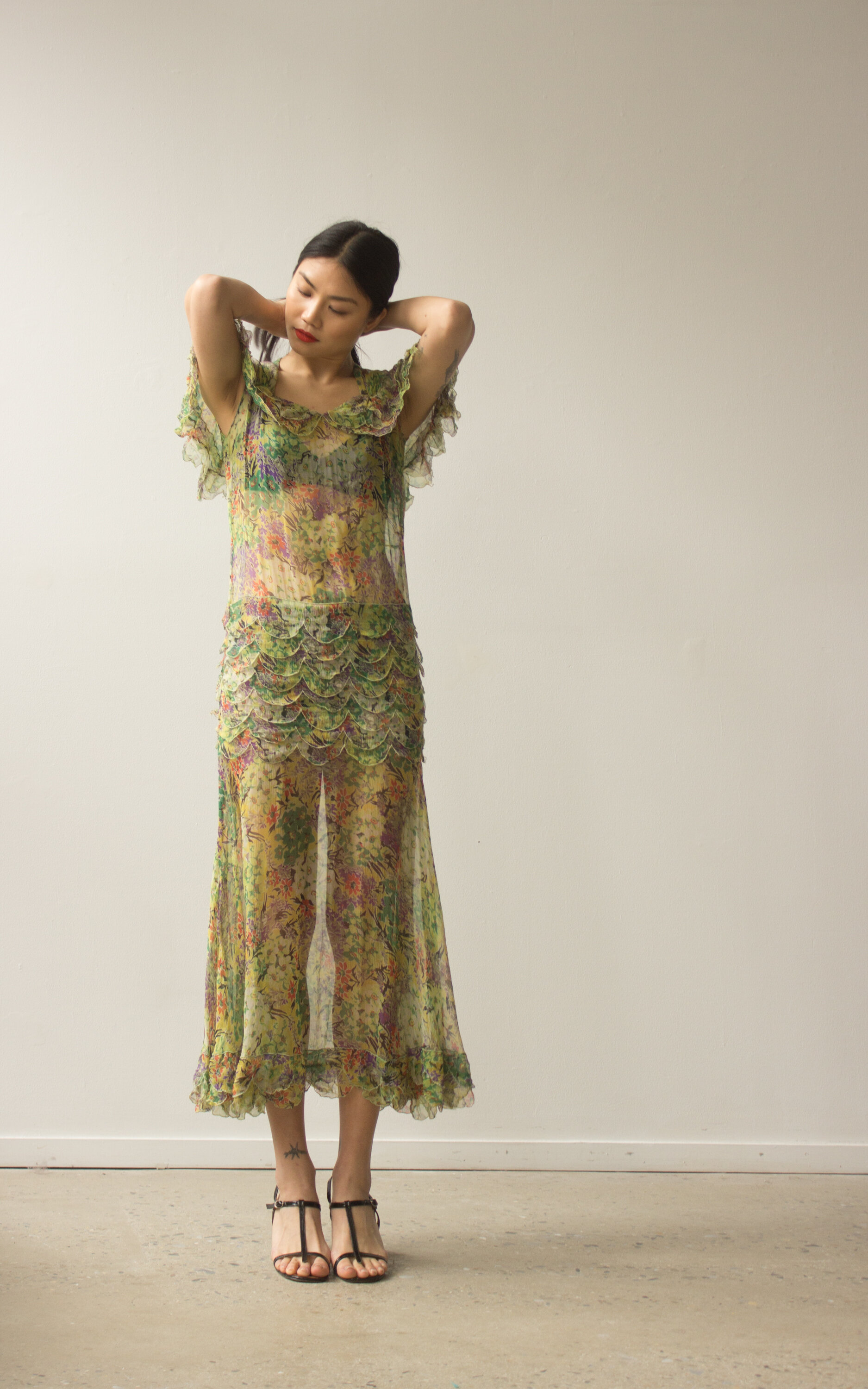1930s Floral Silk Chiffon Gown with Scalloped Ruffles — Wayward Collection