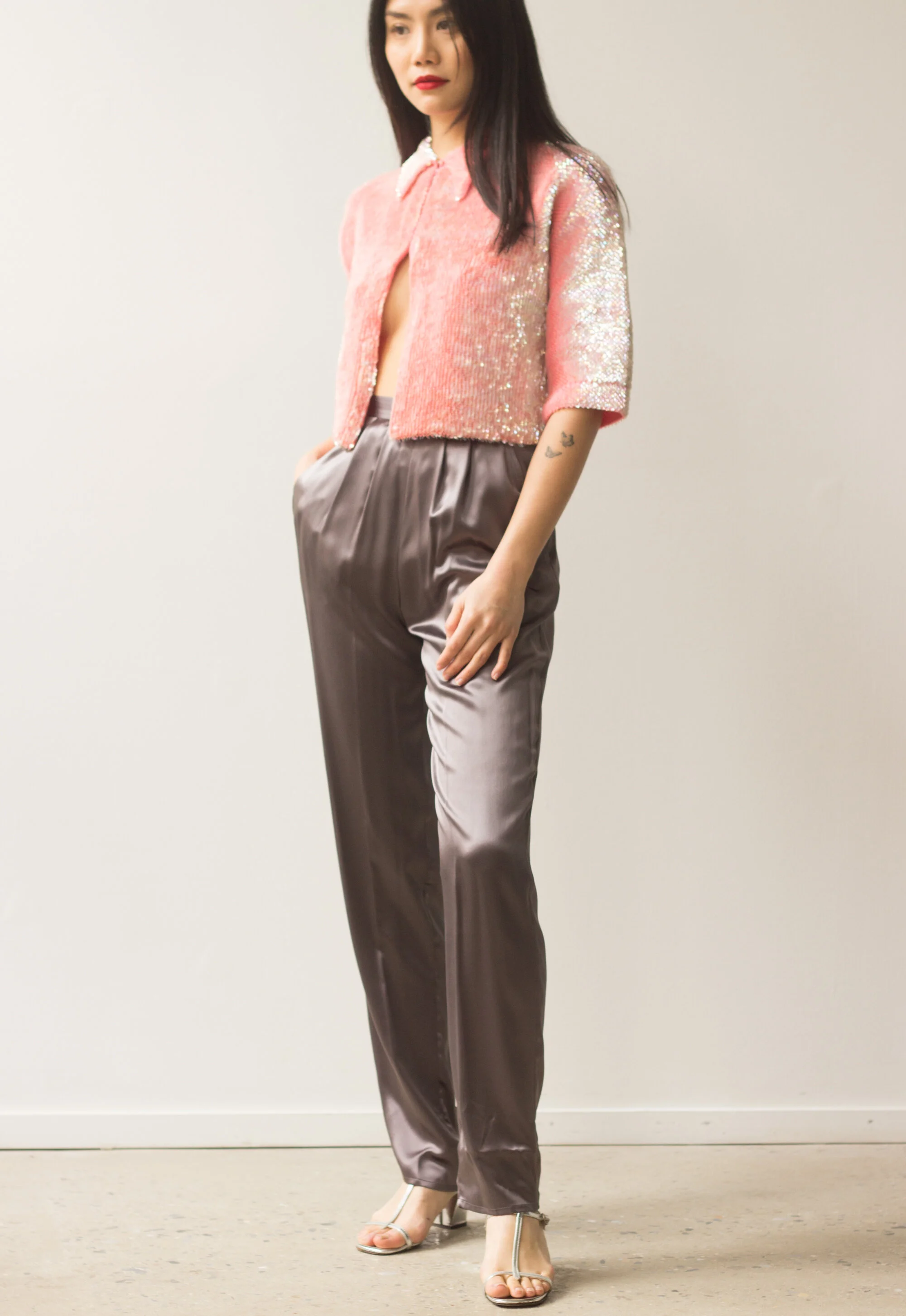 1980s Gunmetal Silk Satin High Waisted Trousers