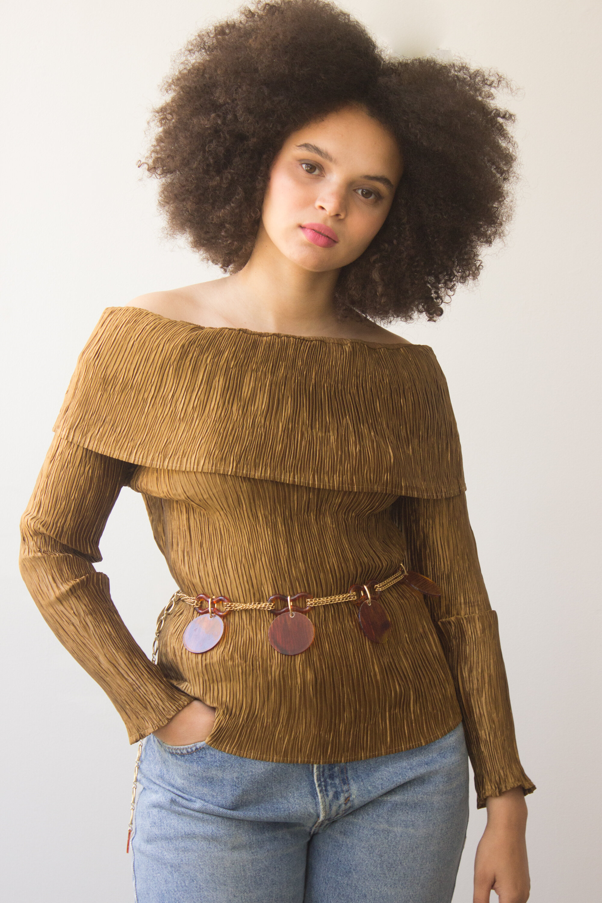 1980s Bronze Plissé Portrait Collar Top