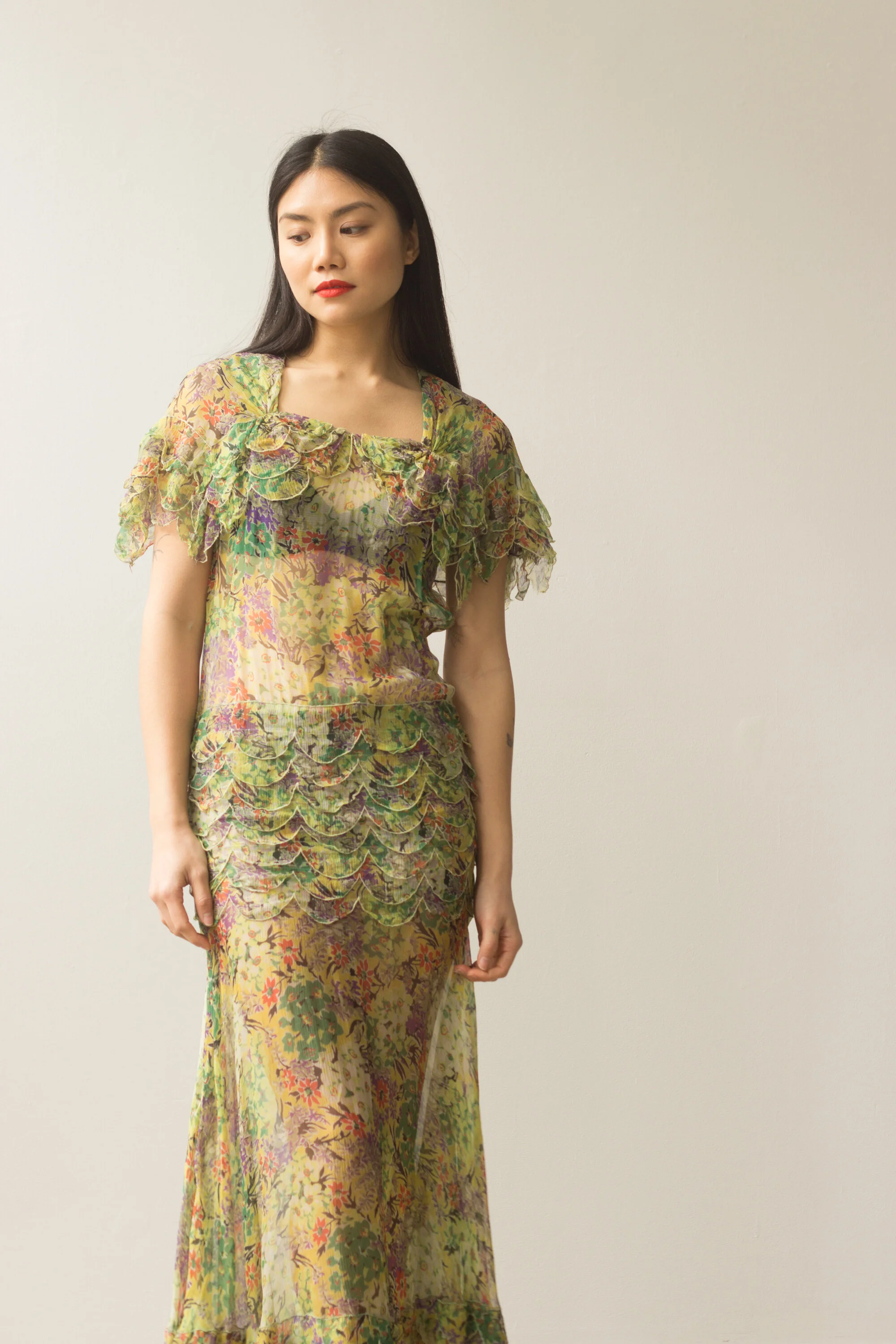 1930s Floral Silk Chiffon Gown with Scalloped Ruffles