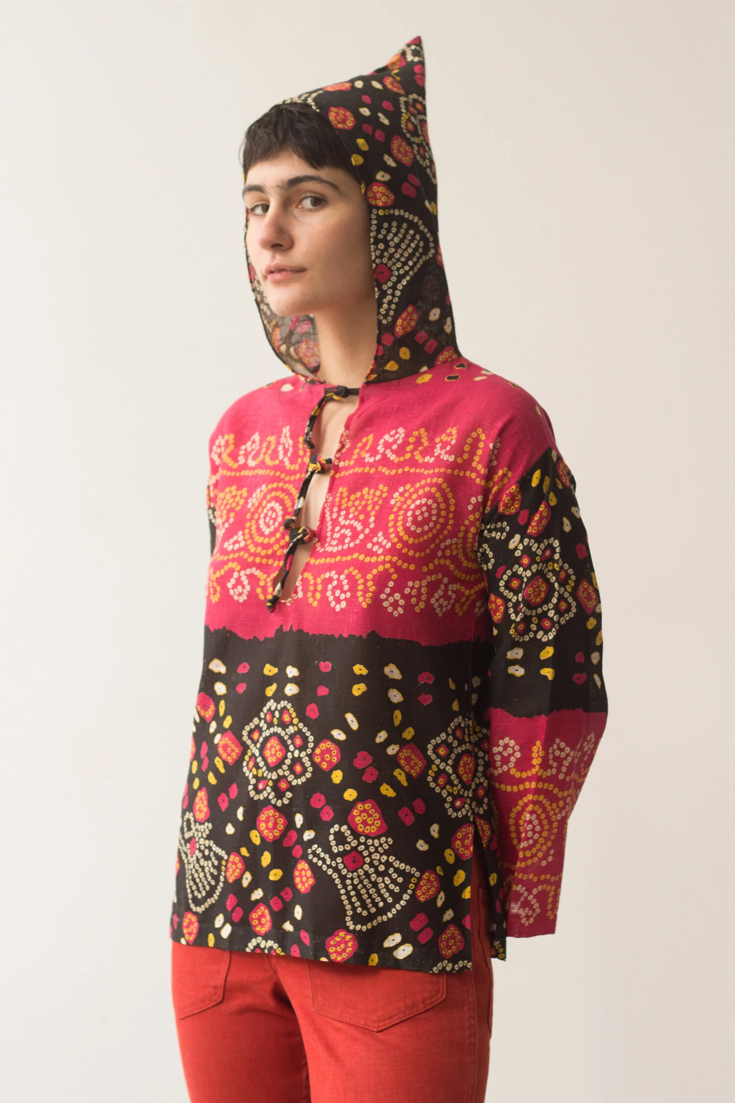 1970s Batik Cotton Voile Hooded Tunic