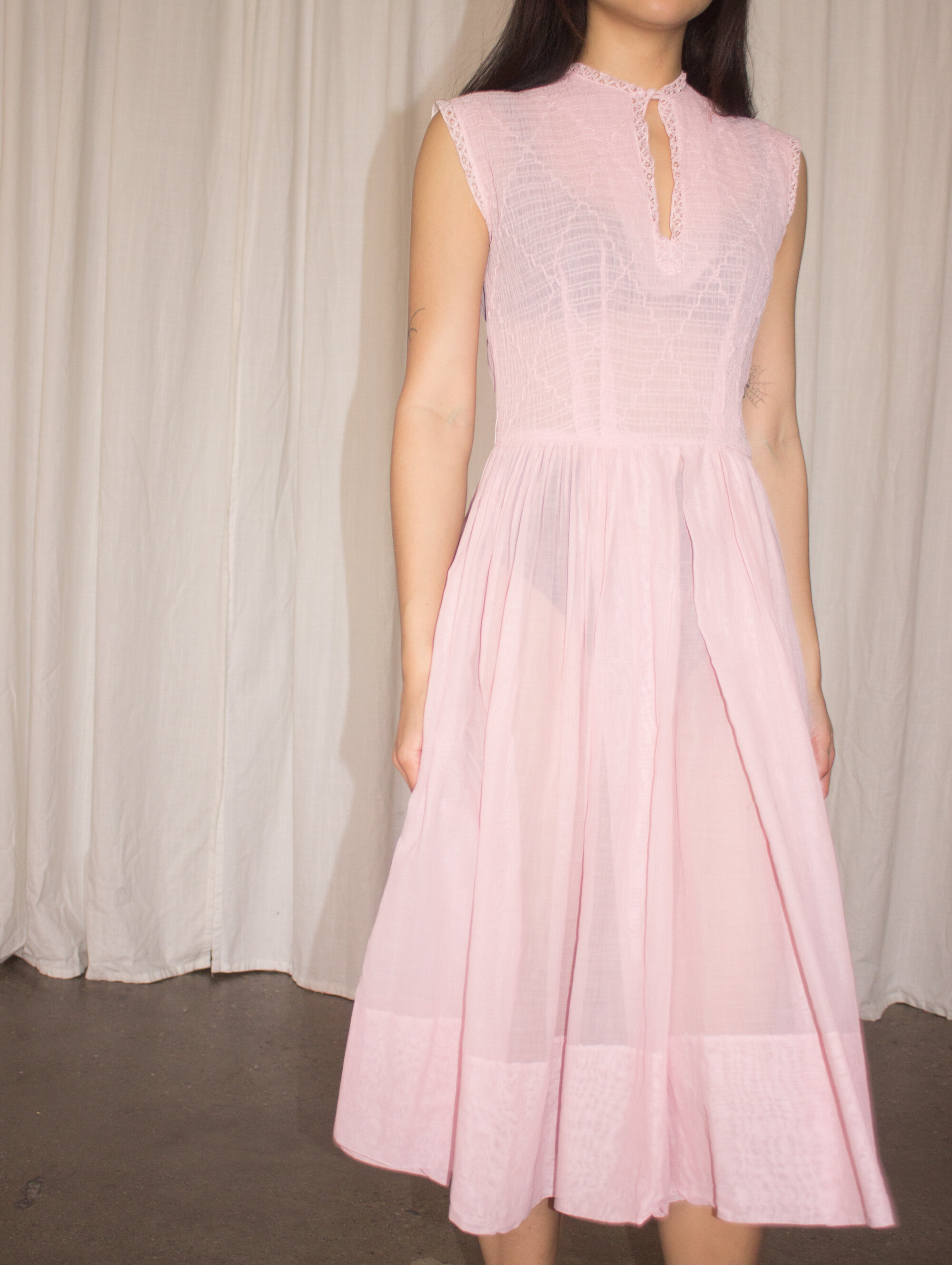 1950s Pink Smocked Cotton Voile Dress  Wayward Collection