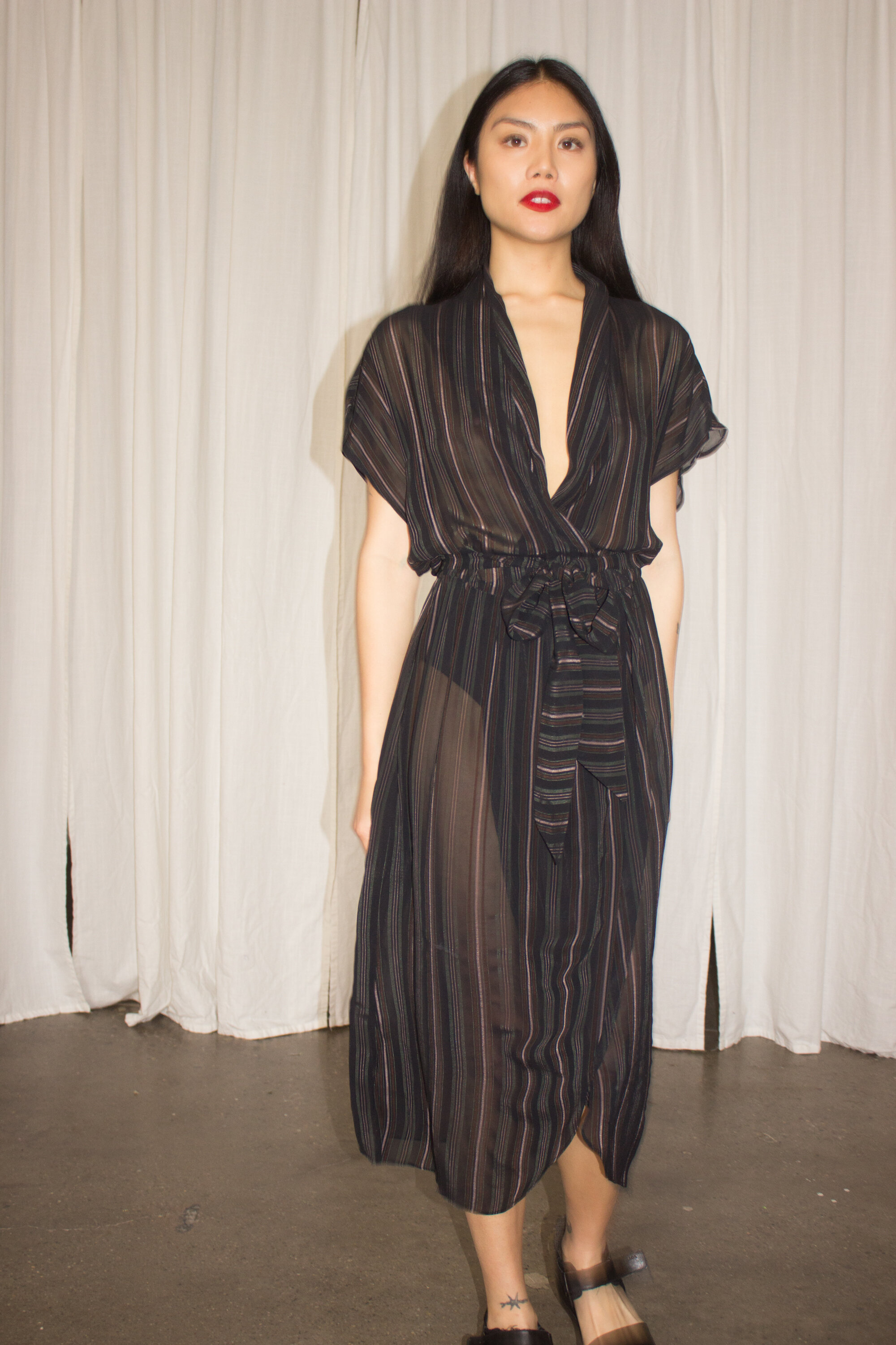 1970s PJ Walsh Sheer Striped Crossover Dress