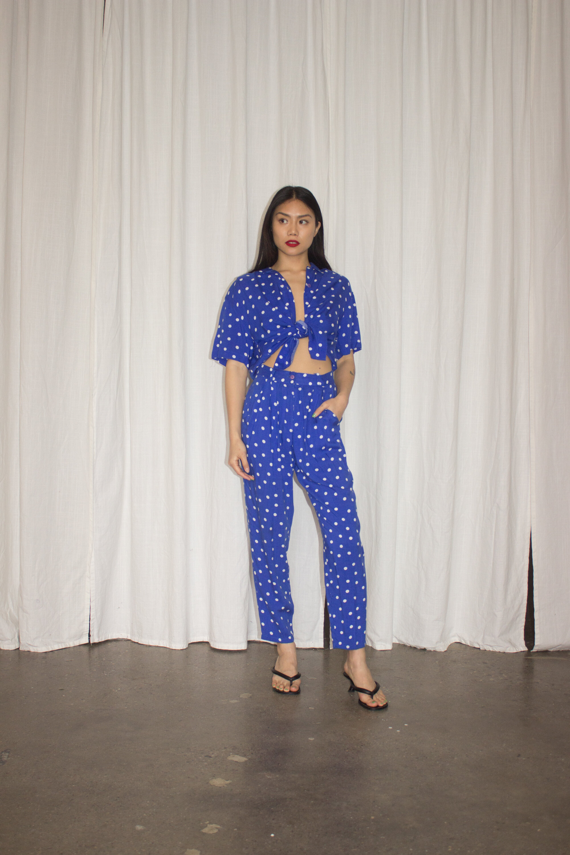 1980s Blue Polka Dot Rayon Two Piece Set