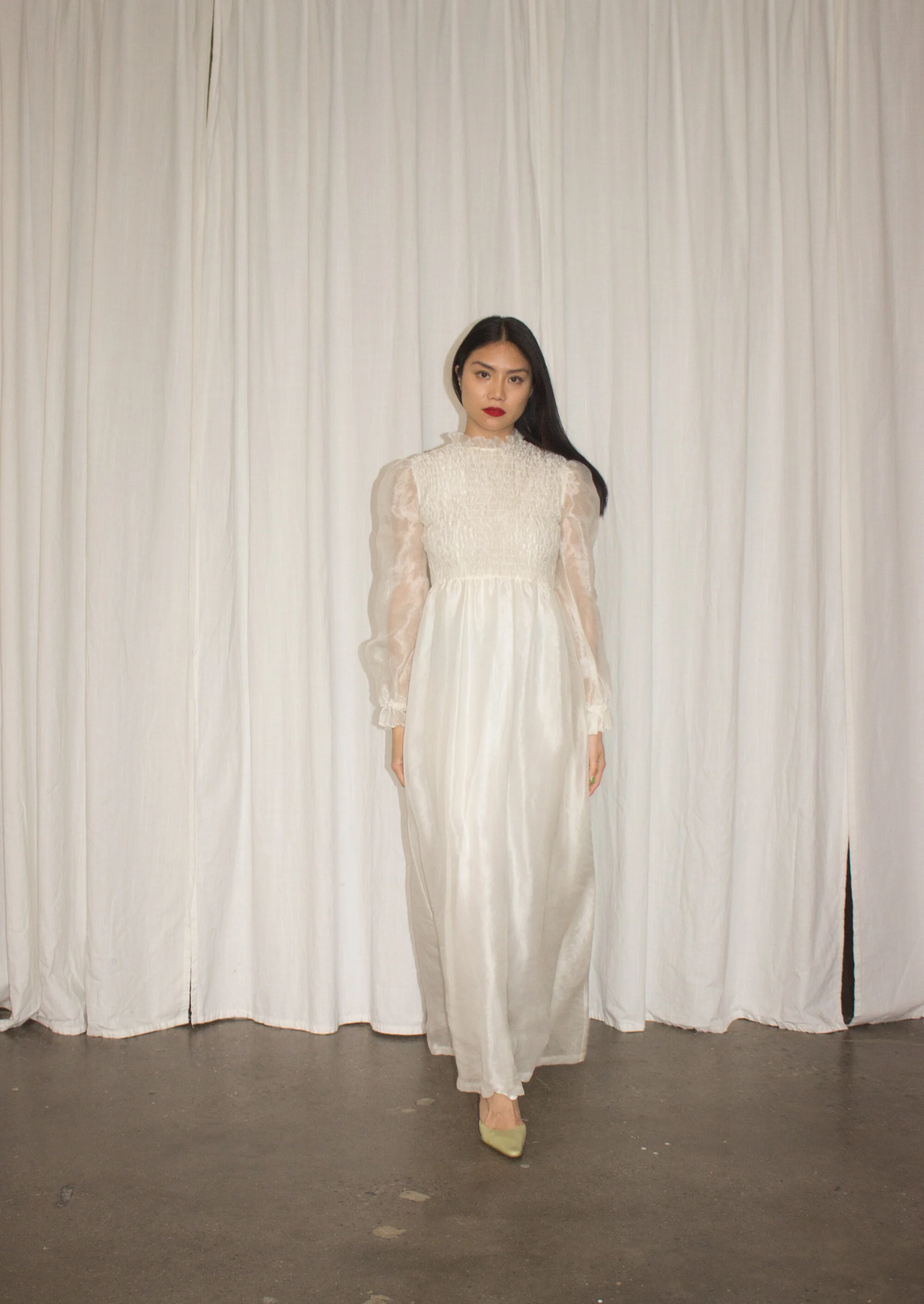 1970s Ivory Organza Romantic Smocked Maxi Dress  Wayward Collection