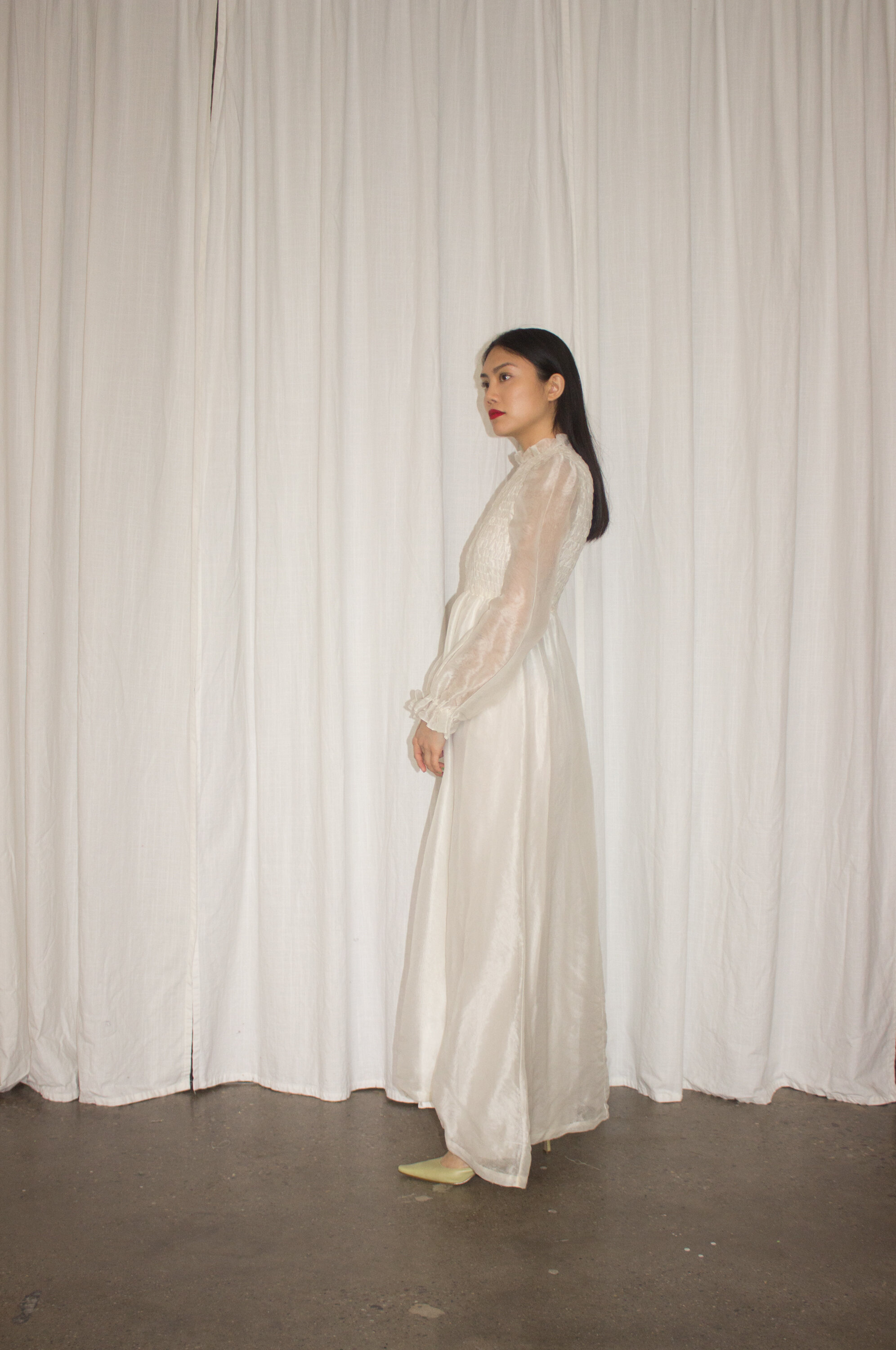 1970s Ivory Organza Romantic Smocked Maxi Dress