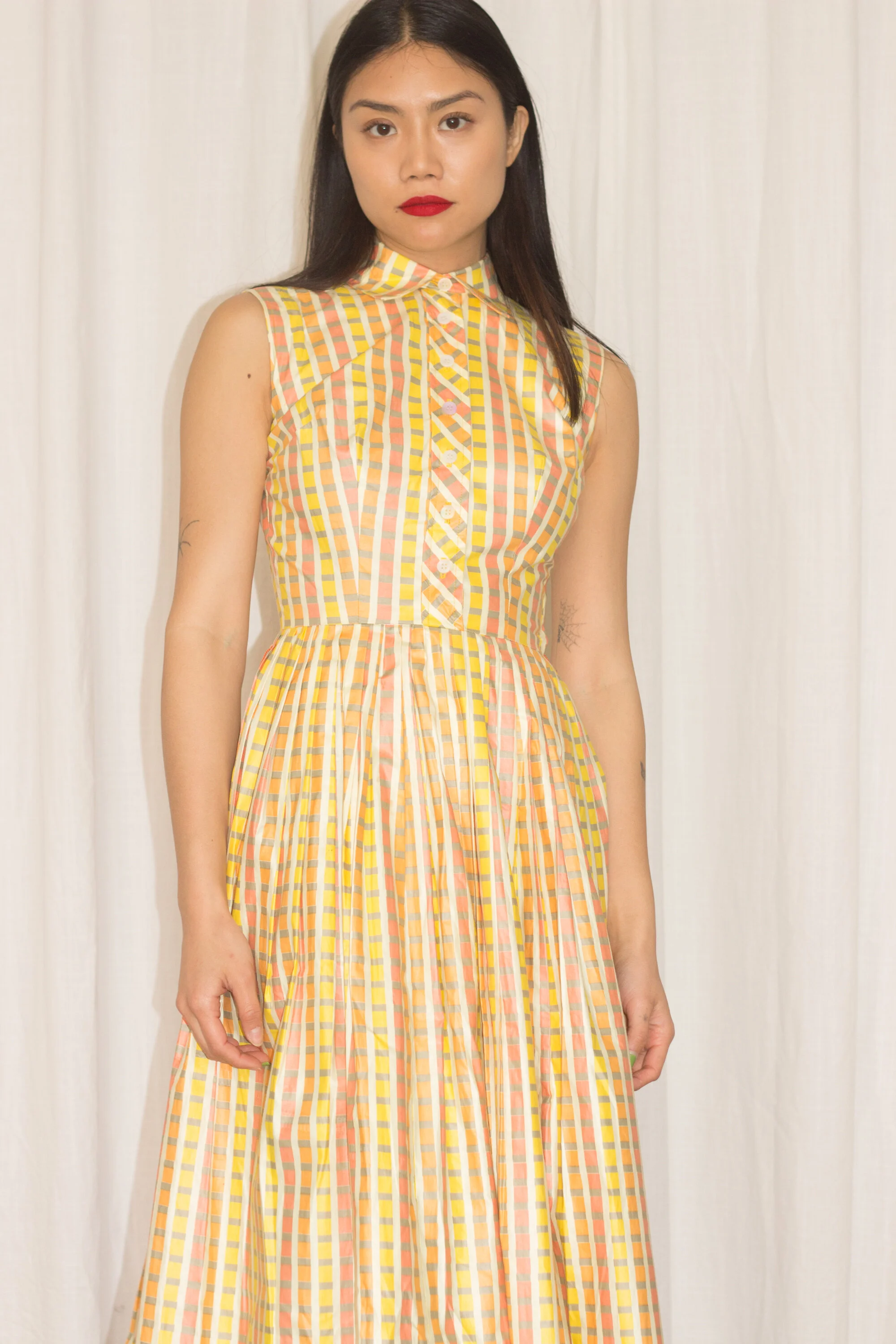 1950s Polished Cotton Plaid Shirt Dress