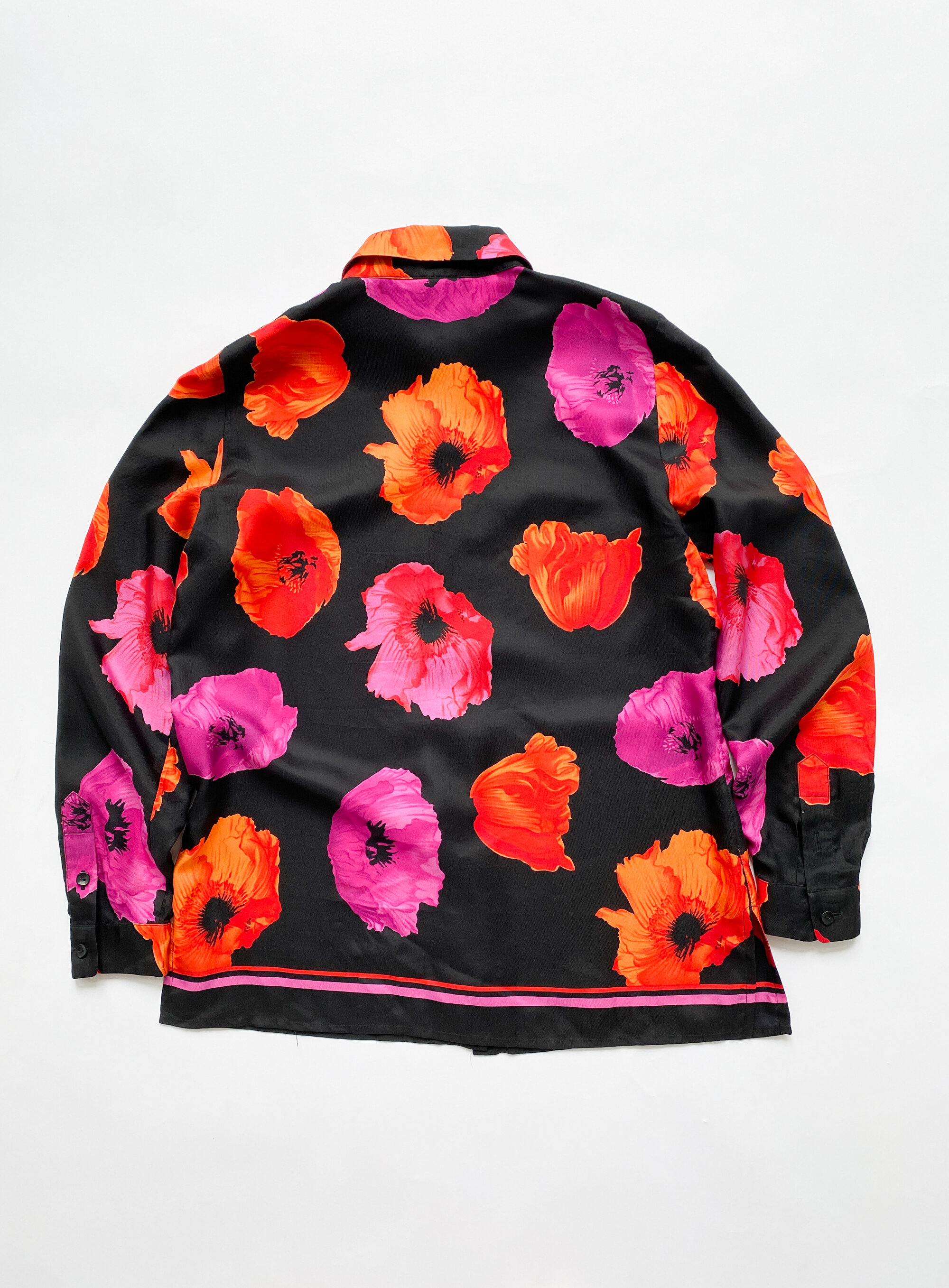 1980s Hot Pink and Orange Poppy Silk Foulard Blouse