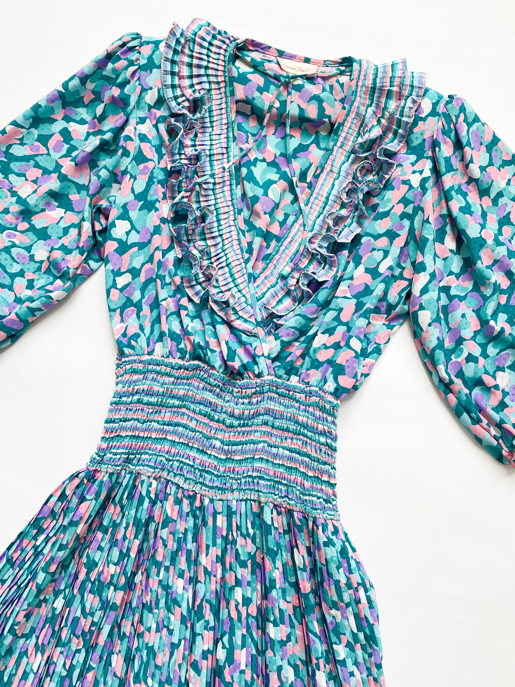 1980s Susan Freis Teal Georgette Pleated Dress — Wayward Collection