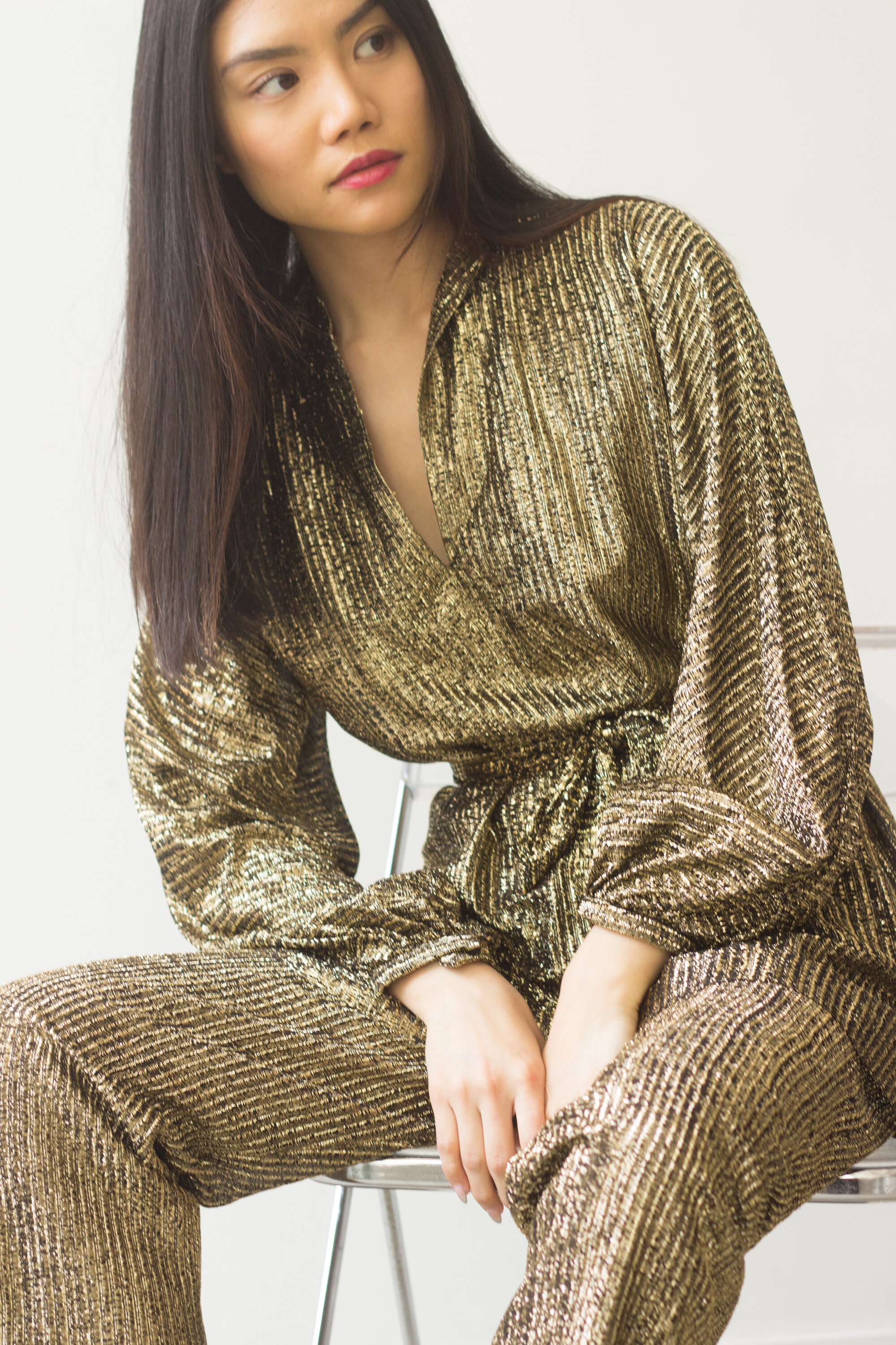 1970s Halston Gold Lurex Lamé Tunic and Pants Set