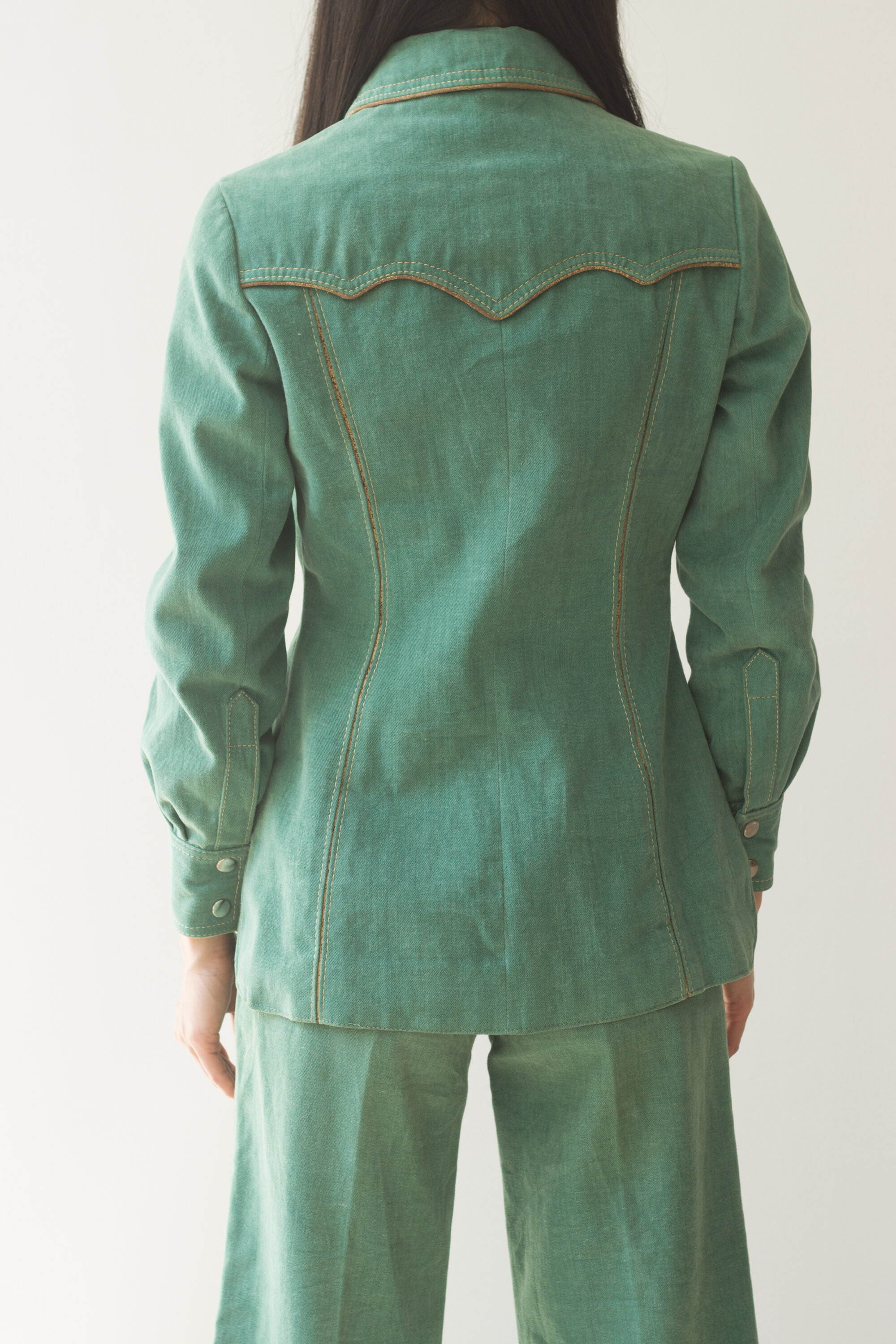1970s Green Chamois Denim Snap Jacket and Matching Pants