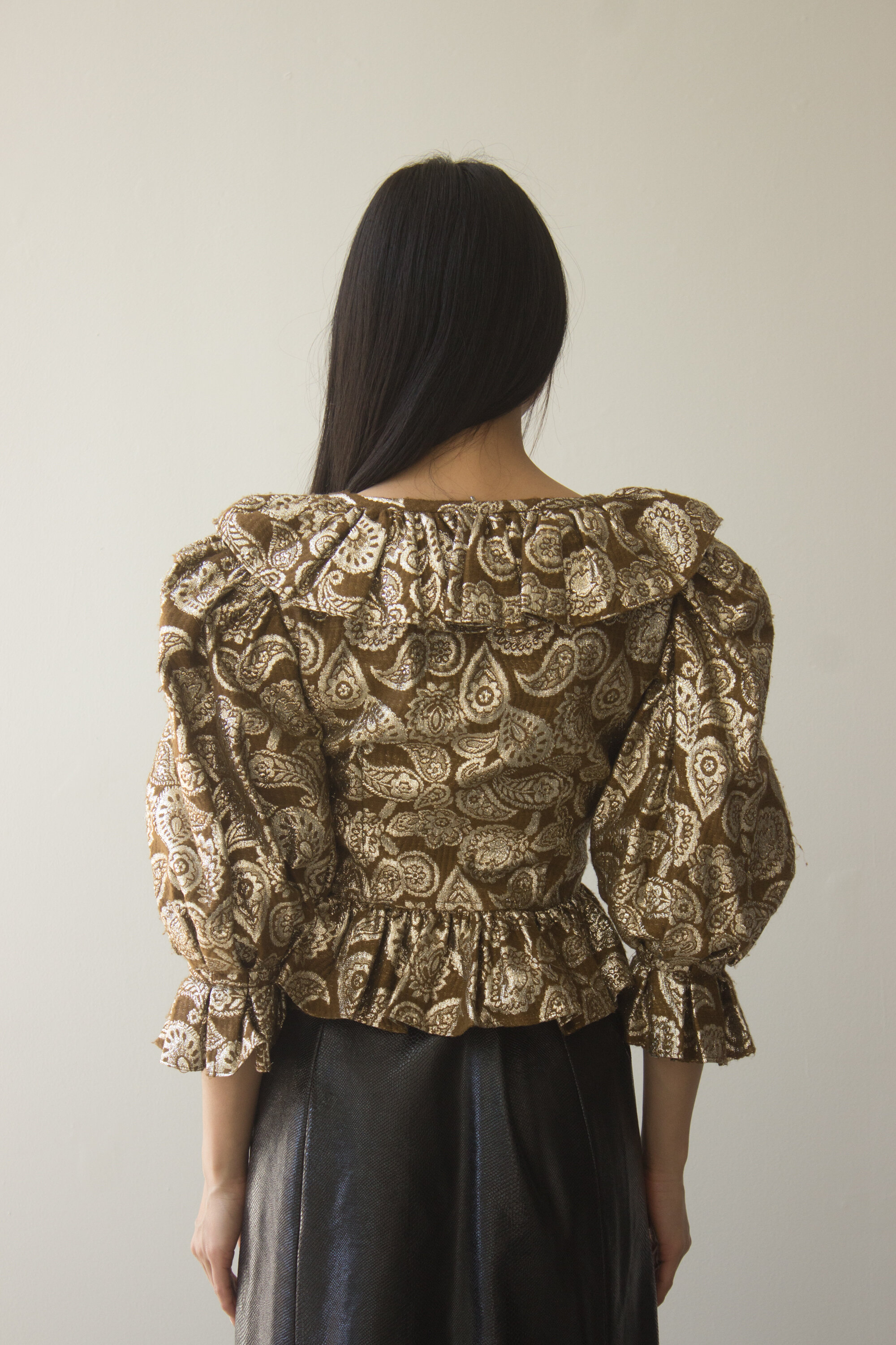 1970s Gold Brocade Puff Sleeve Wrap Top