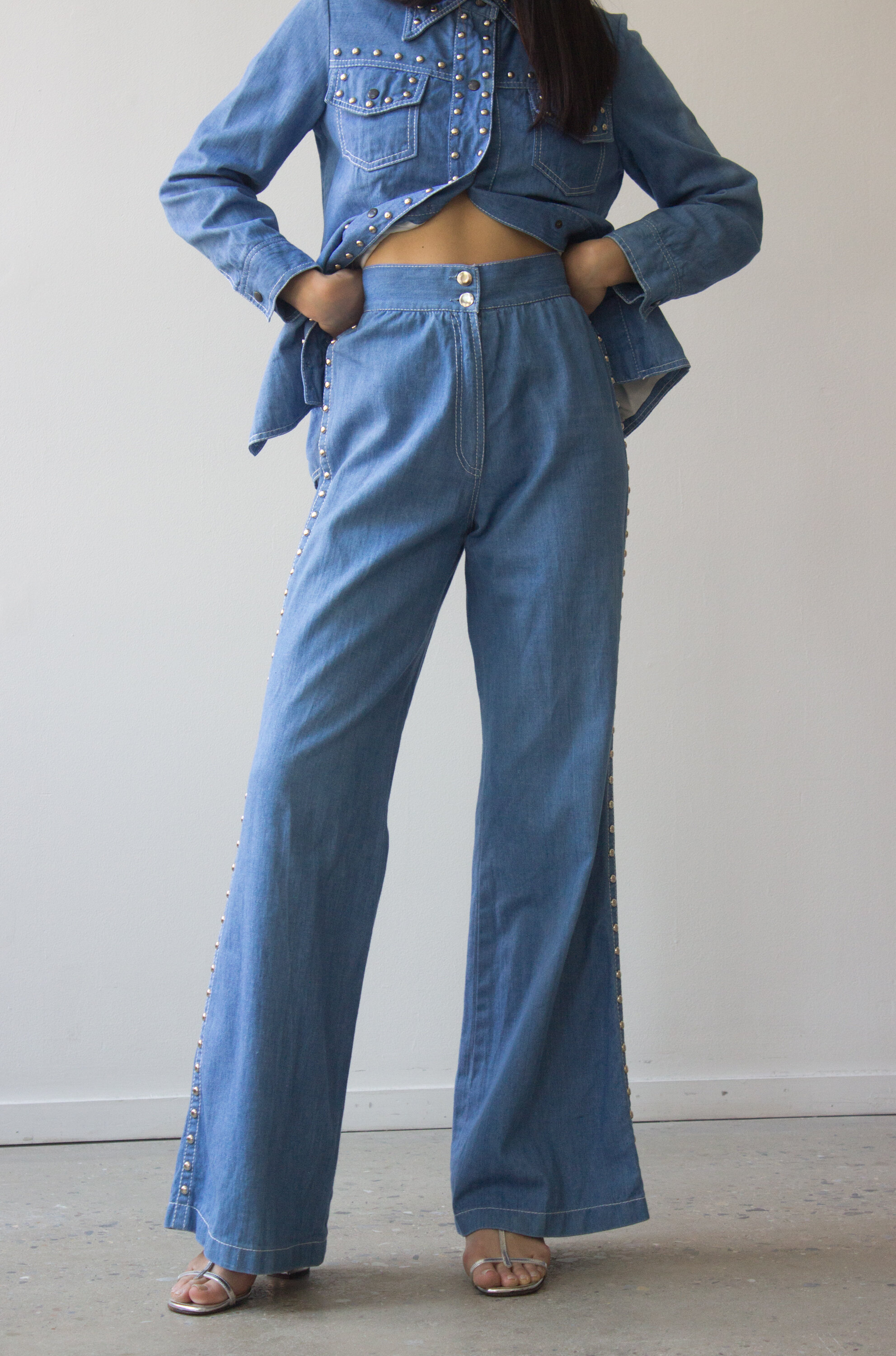 1970s Studded Baby Blue Denim Suit