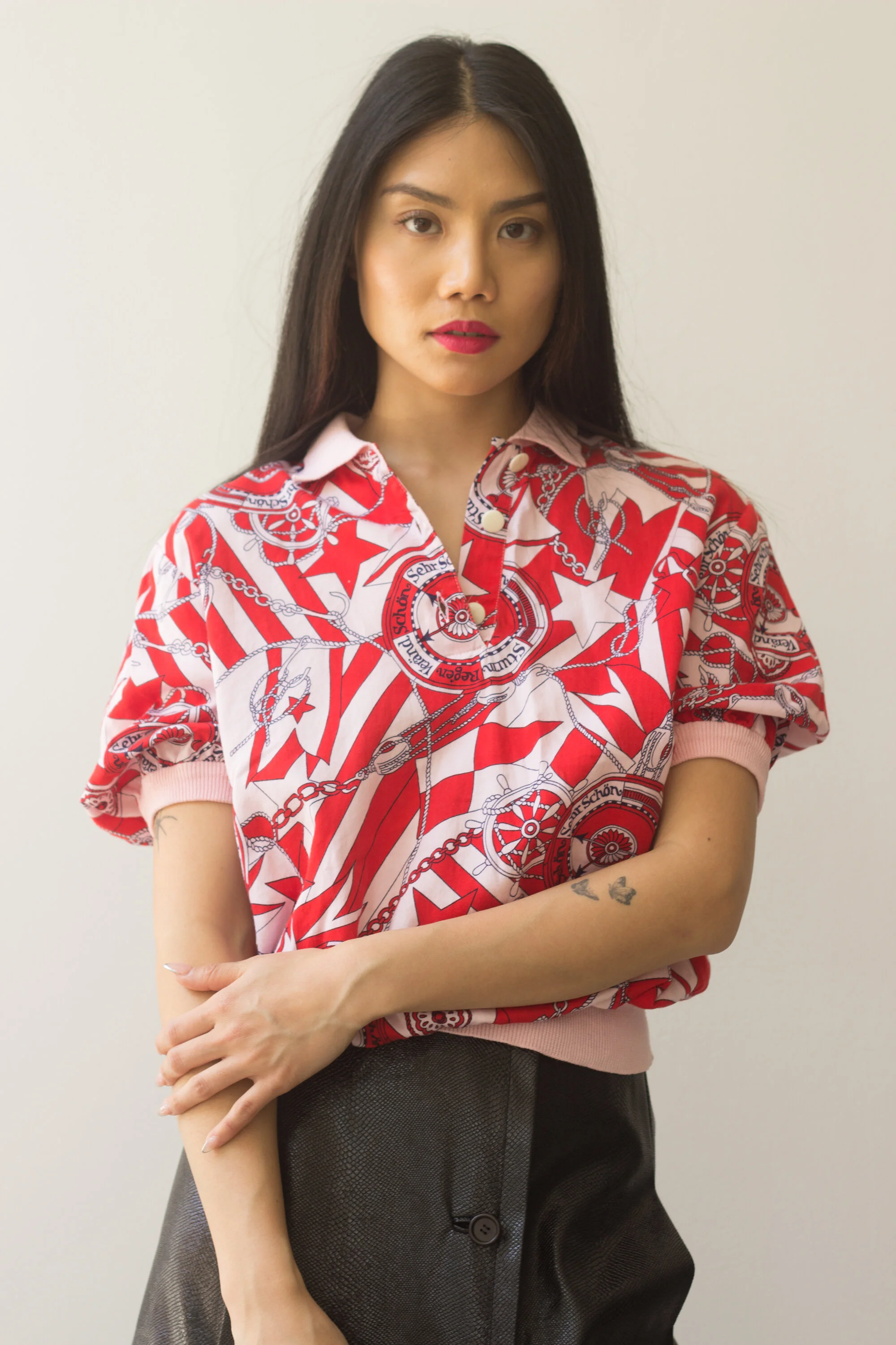 1980s Italian Scarf Print Cotton and Knit Polo Shirt