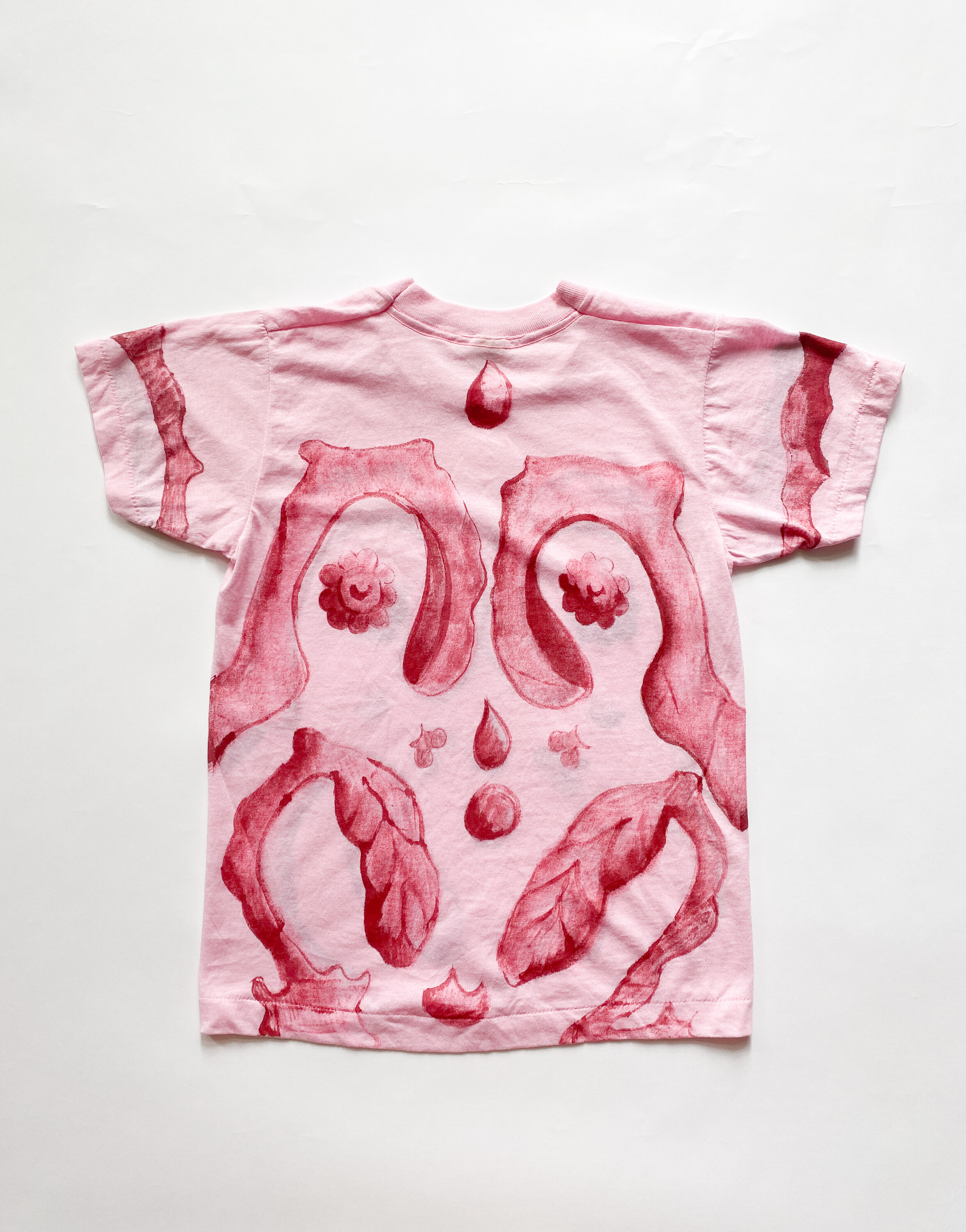 Hand-Painted Delft Motif 1970s Pink Crew Tee - Red