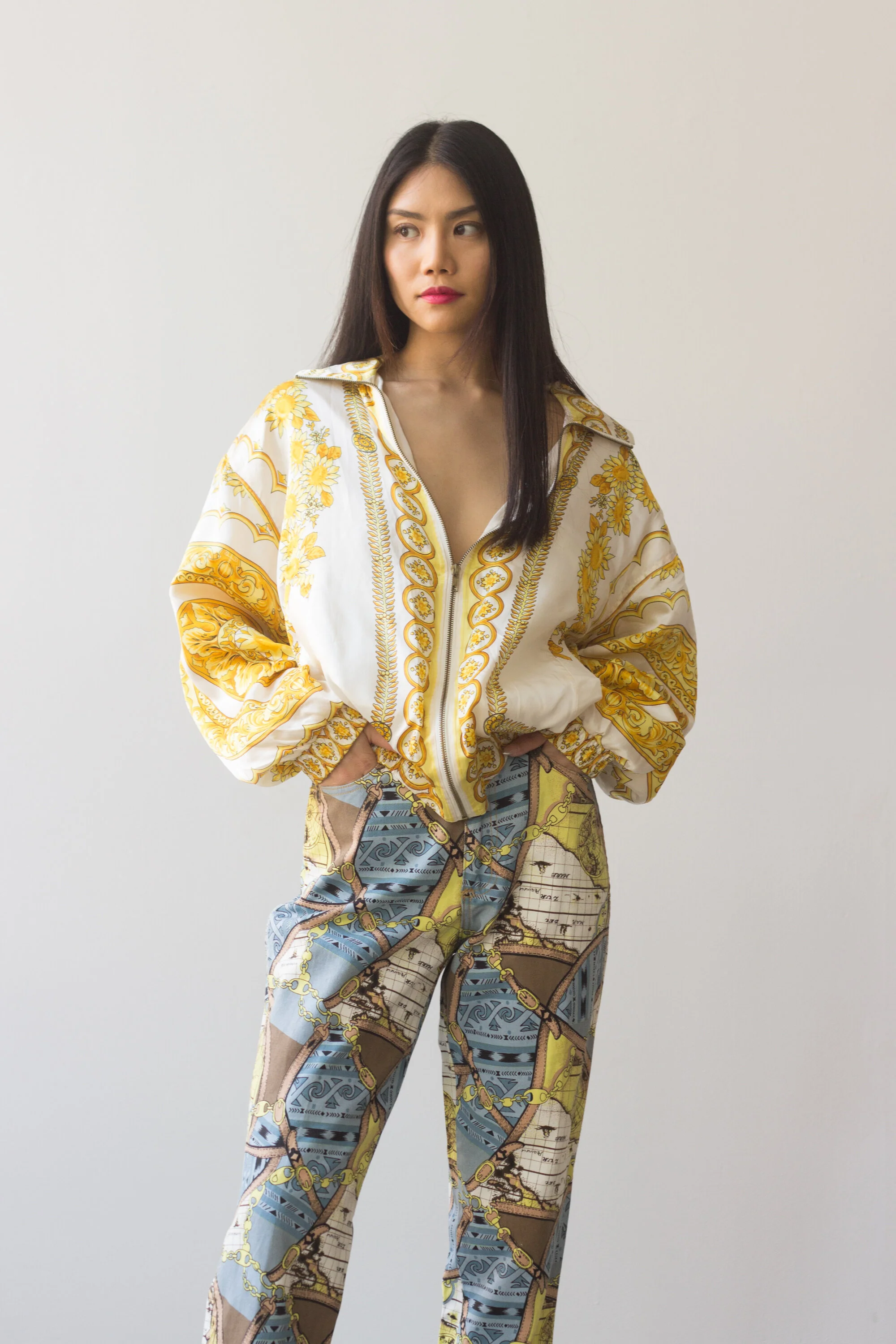 1980s Silk Scarf Print Bomber Jacket