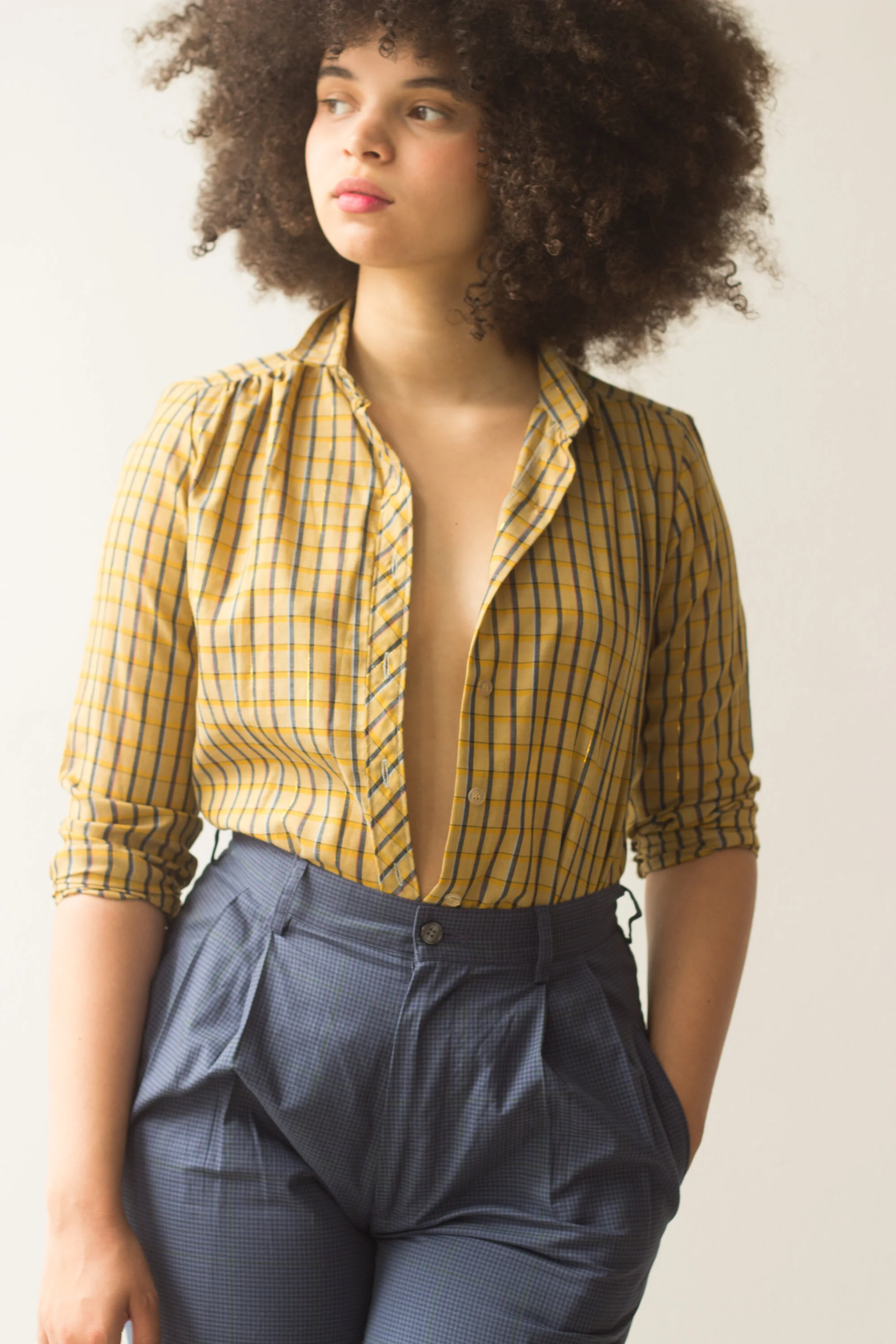 1970s Yellow and Denim Blue India Cotton Plaid Shirt