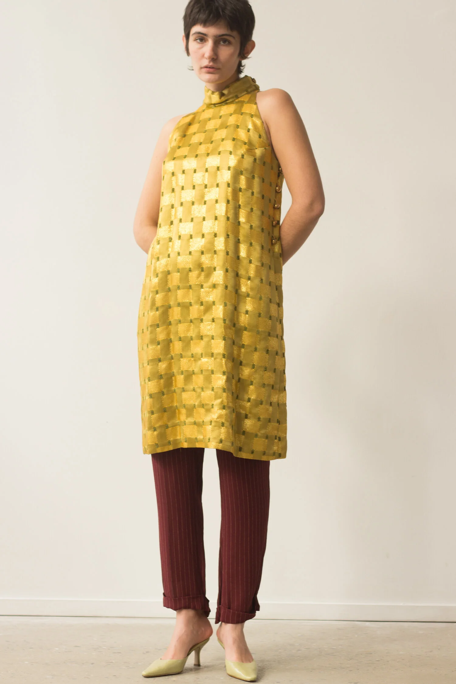 1960s Gold Jacquard Halter Dress