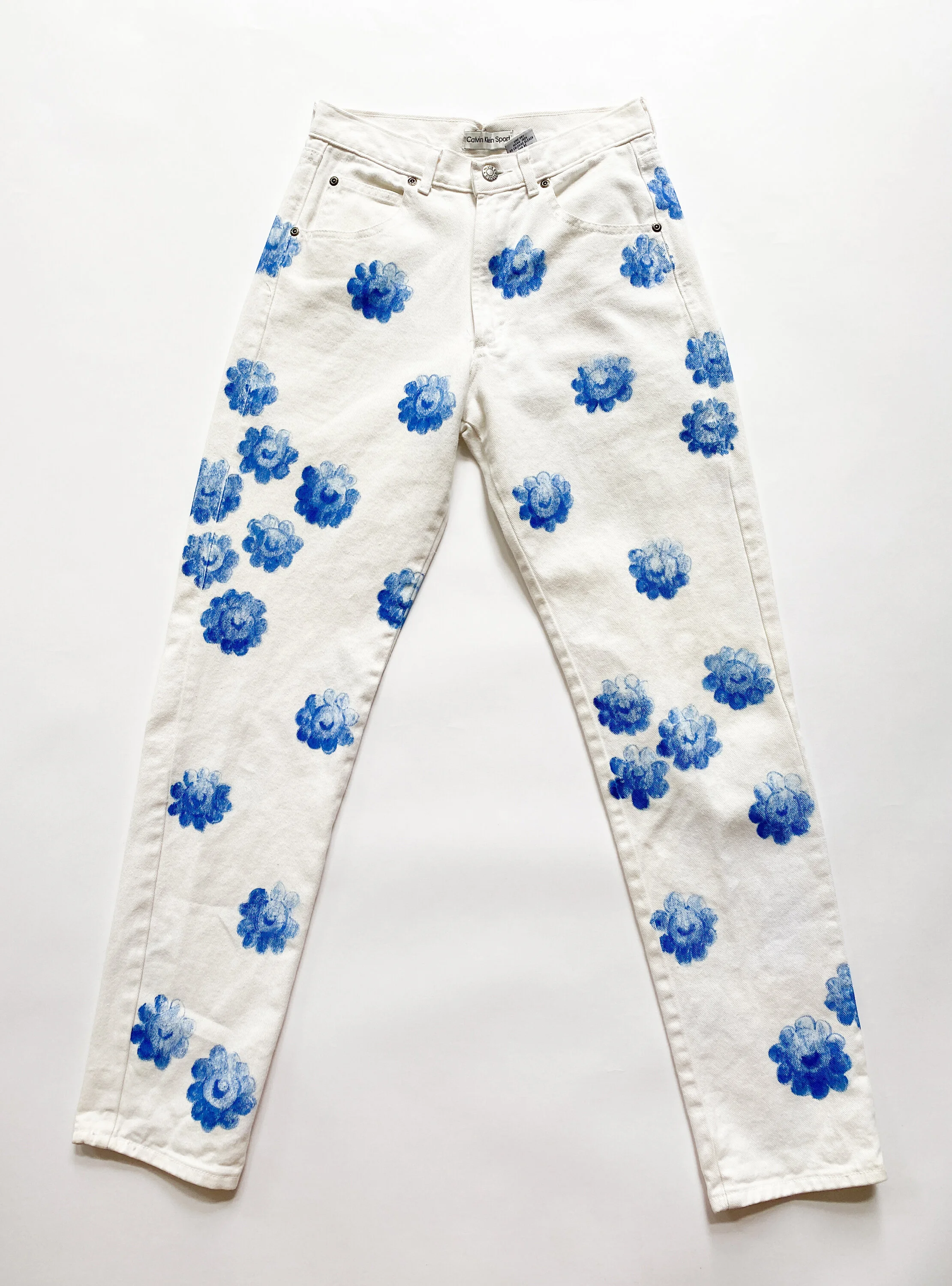 Hand-Painted Architectural Flower on White Calvin Klein Jeans 