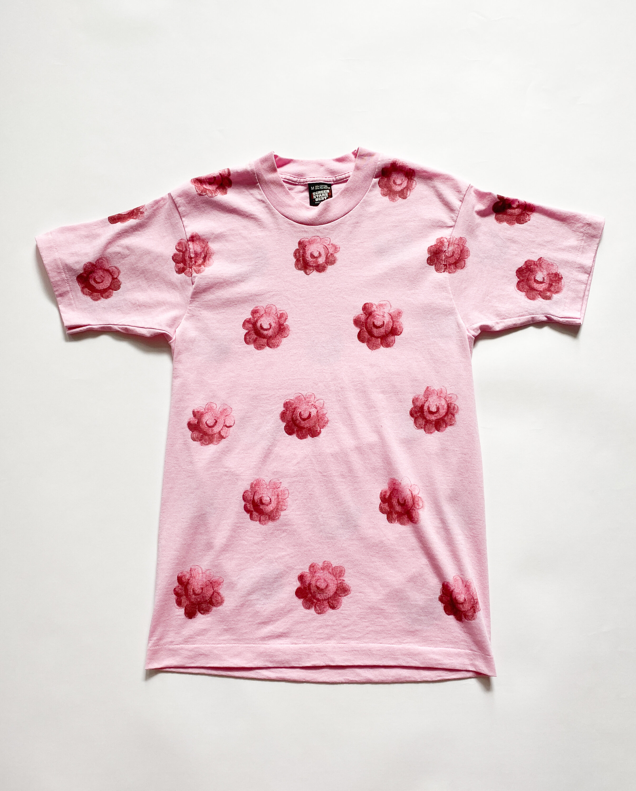 Hand Painted 1970s Flower Crew Tee - Pink