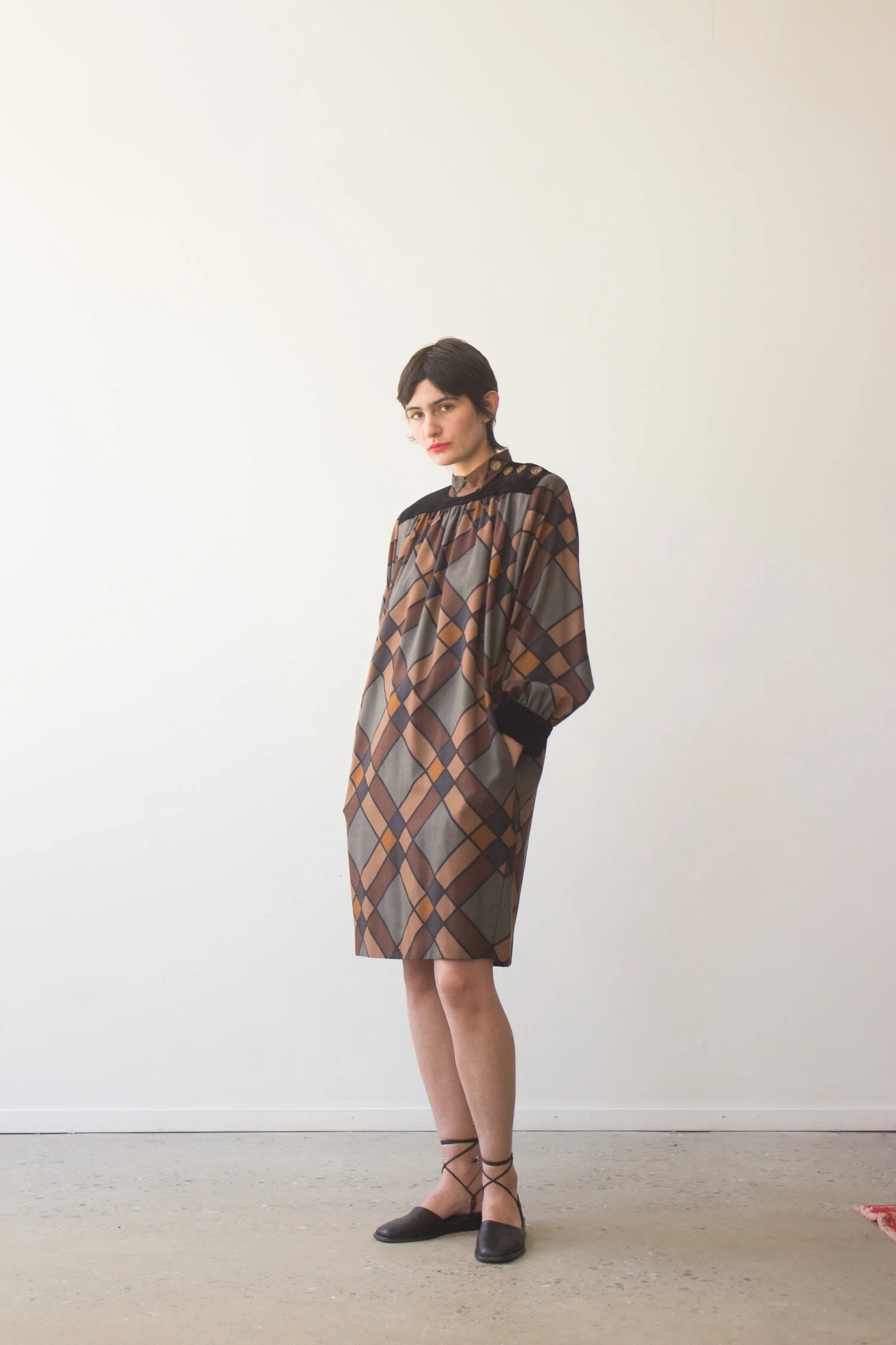 1980s Velvet and Wool YSL Sharp Shoulder Smock Dress