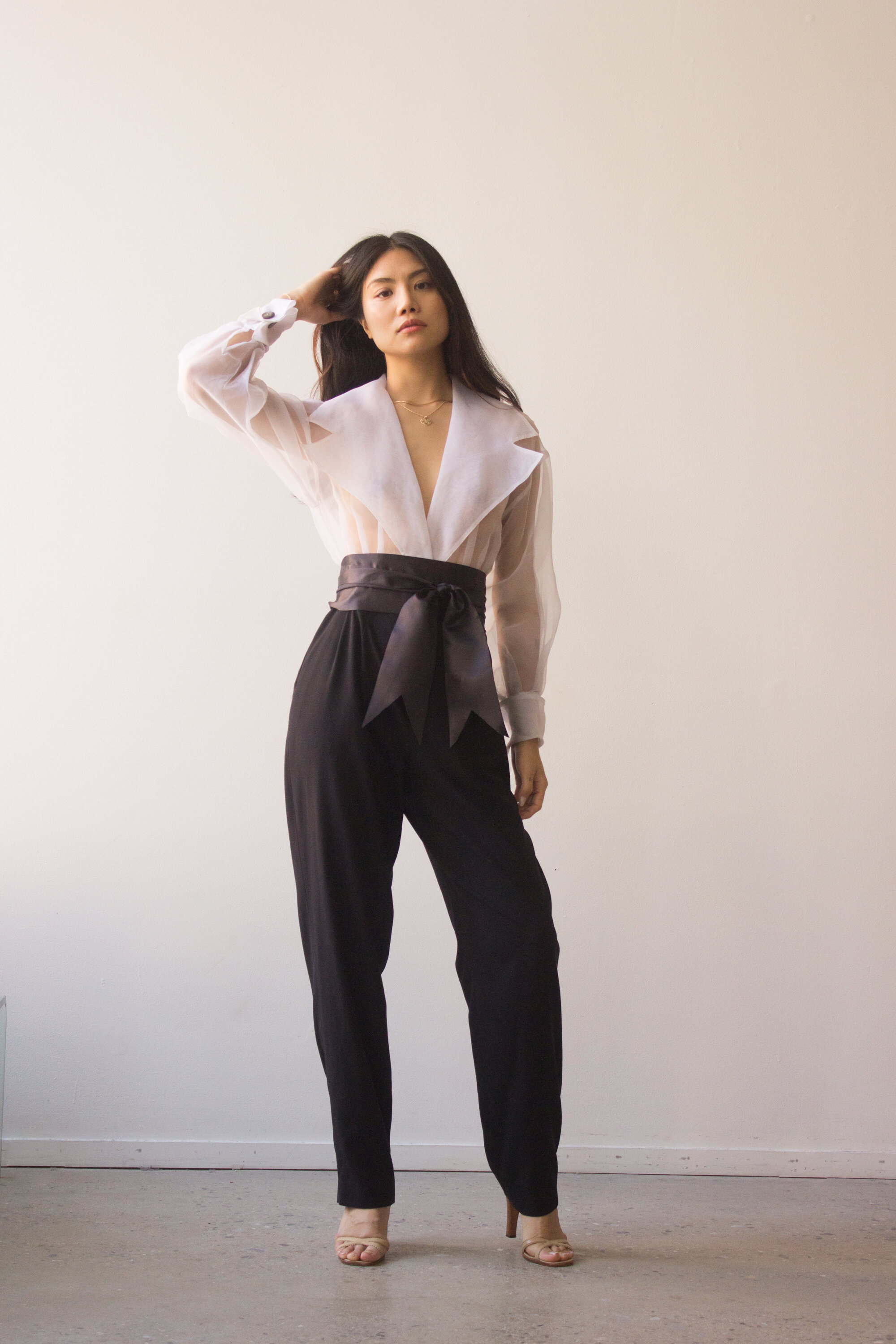 1980s AJ Bari Organza Black Tie Jumpsuit