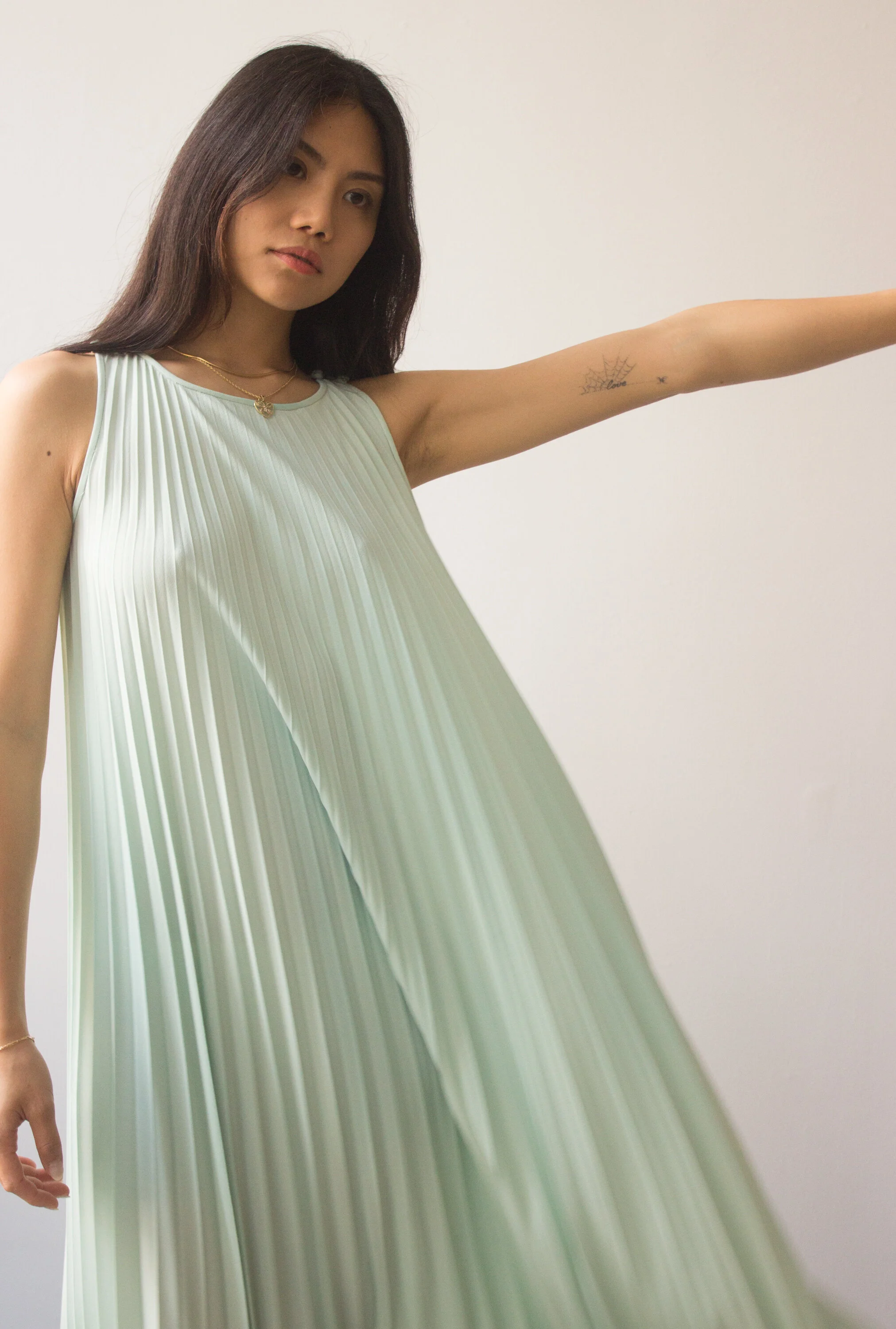 1970s Fresh Mint Pleated Gown  Wayward Collection
