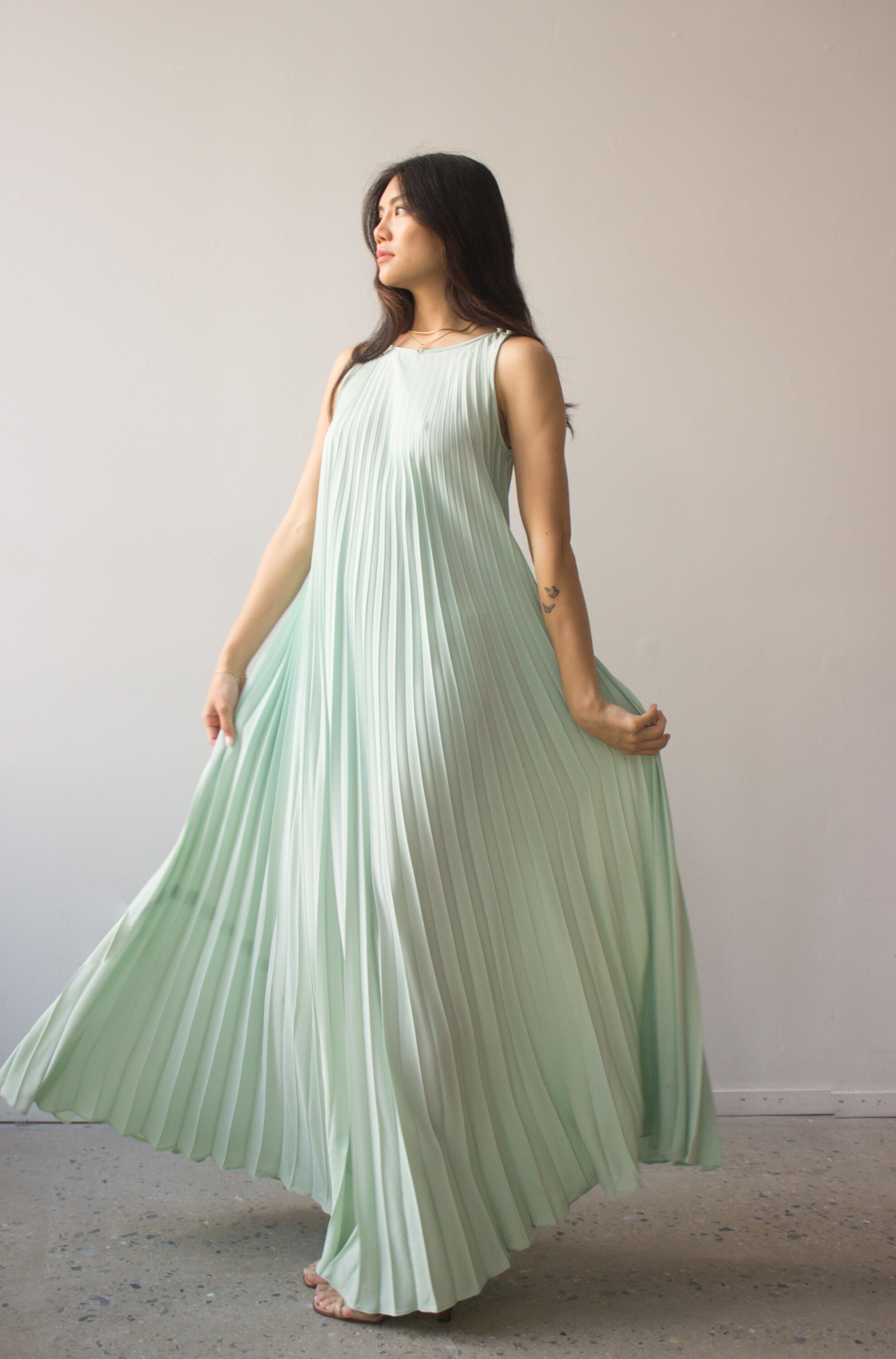 1970s Fresh Mint Pleated Gown