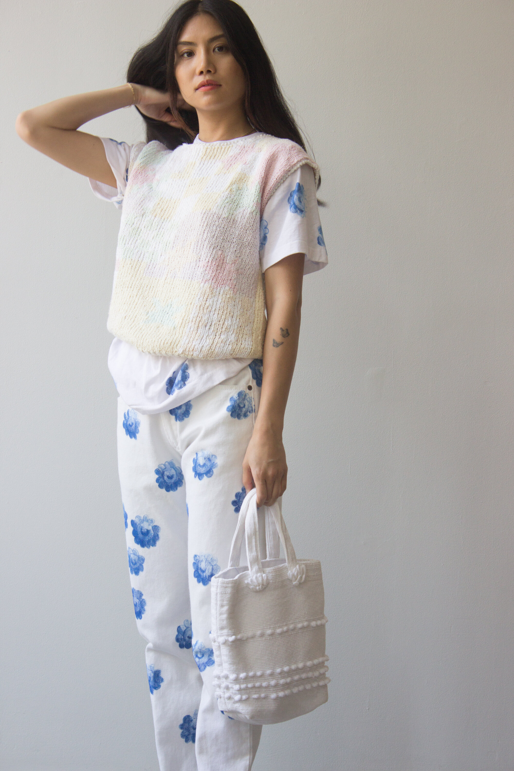 1980s Pastel Floral and Checkerboard Cotton Knit Vest