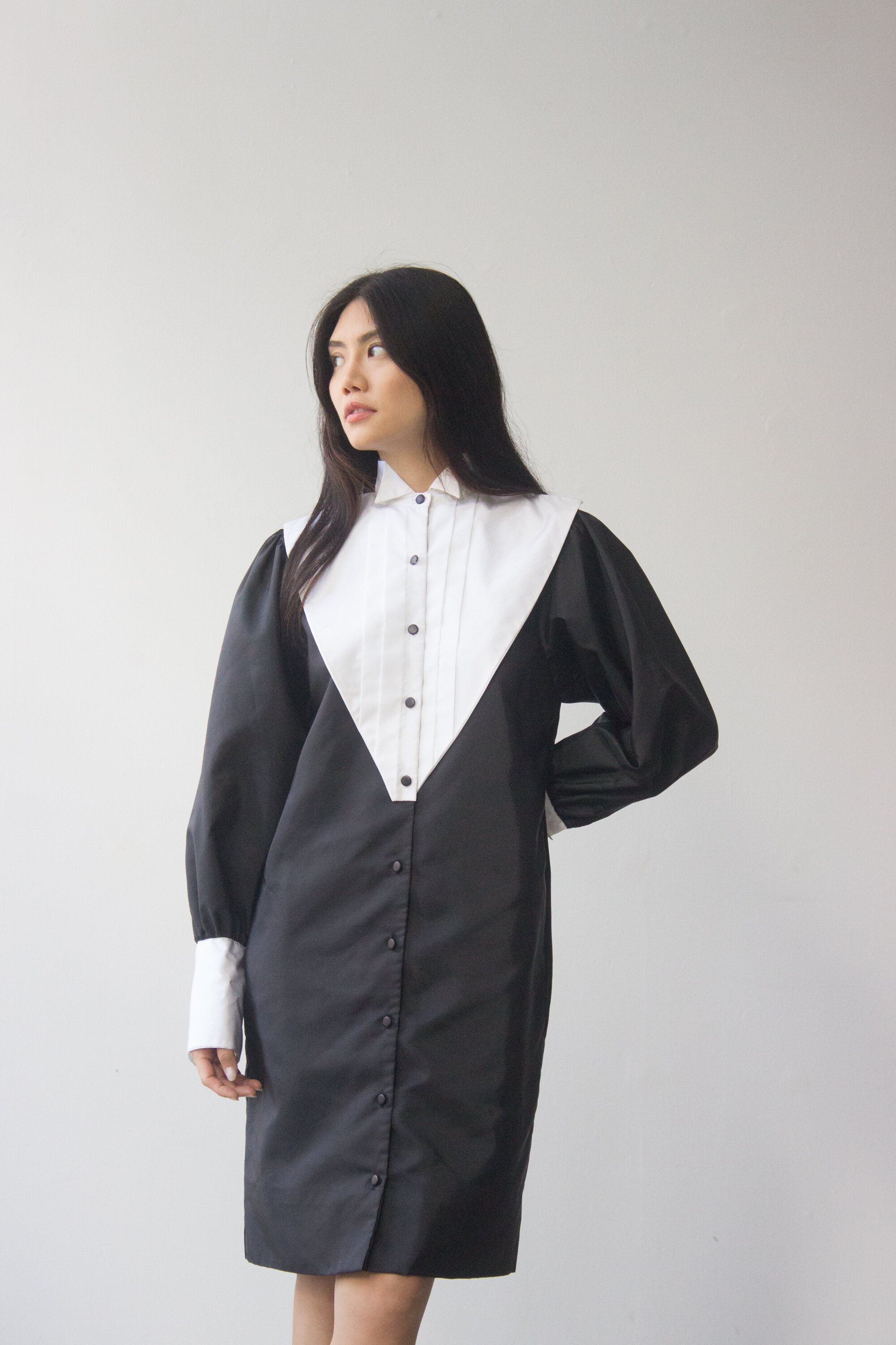 1980s Black and White Taffeta Tuxedo Dress