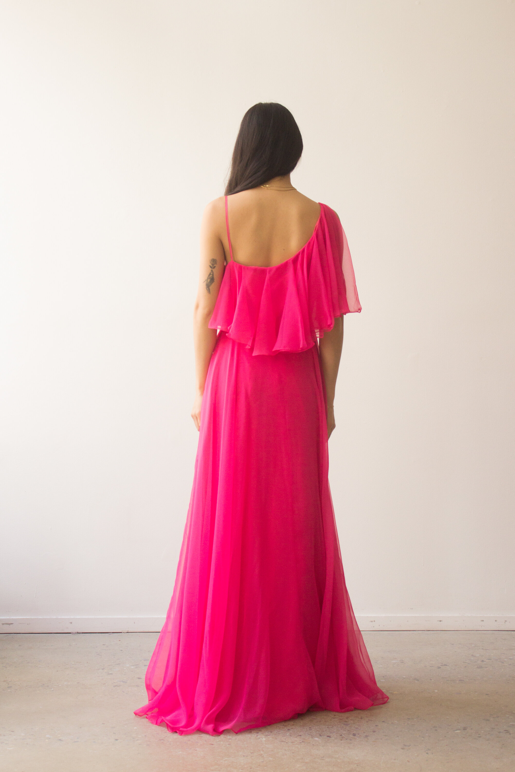 1970s Hot Pink Chiffon One Shoulder Gown