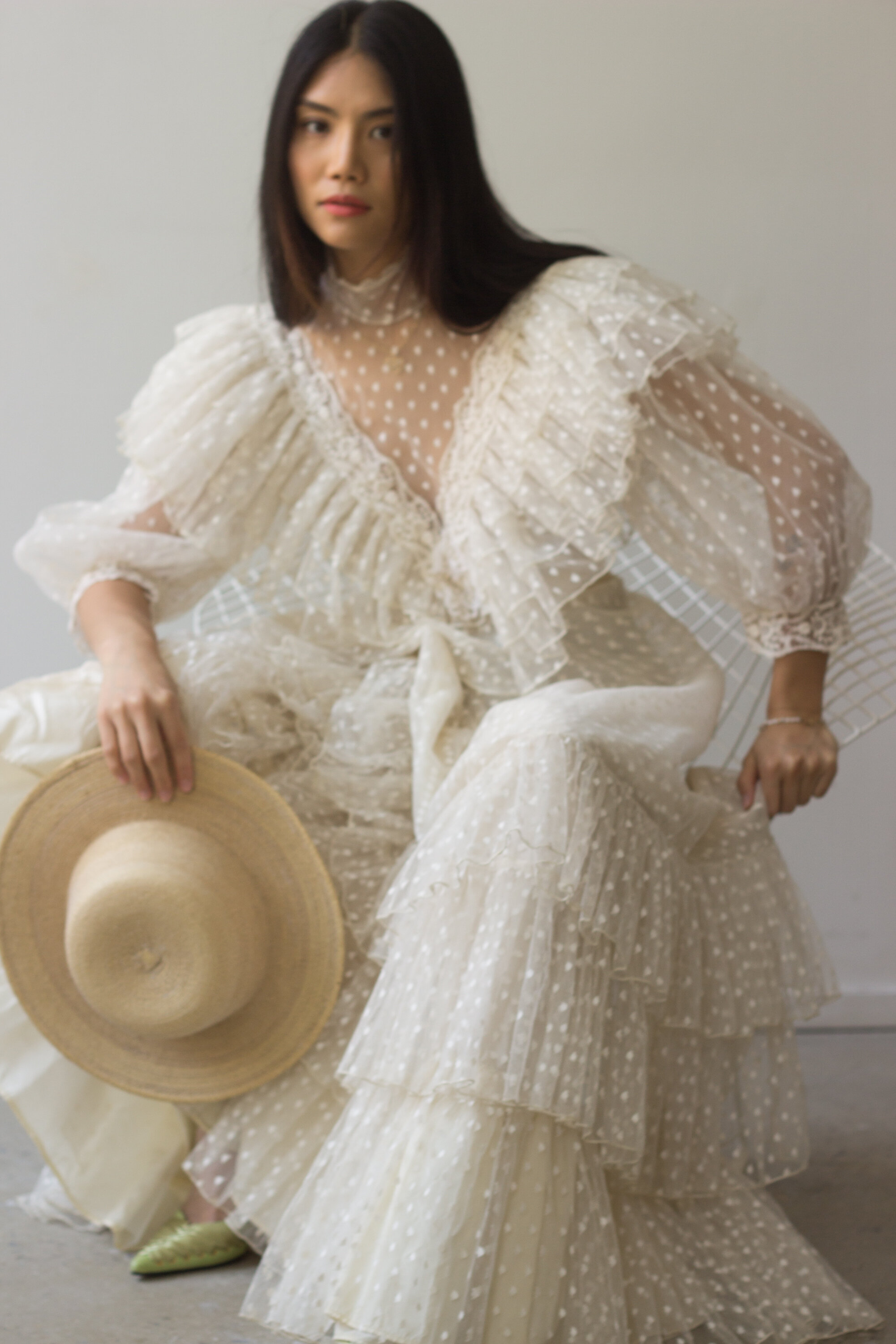 1970s Victoriana Swiss Dot Tulle Gown