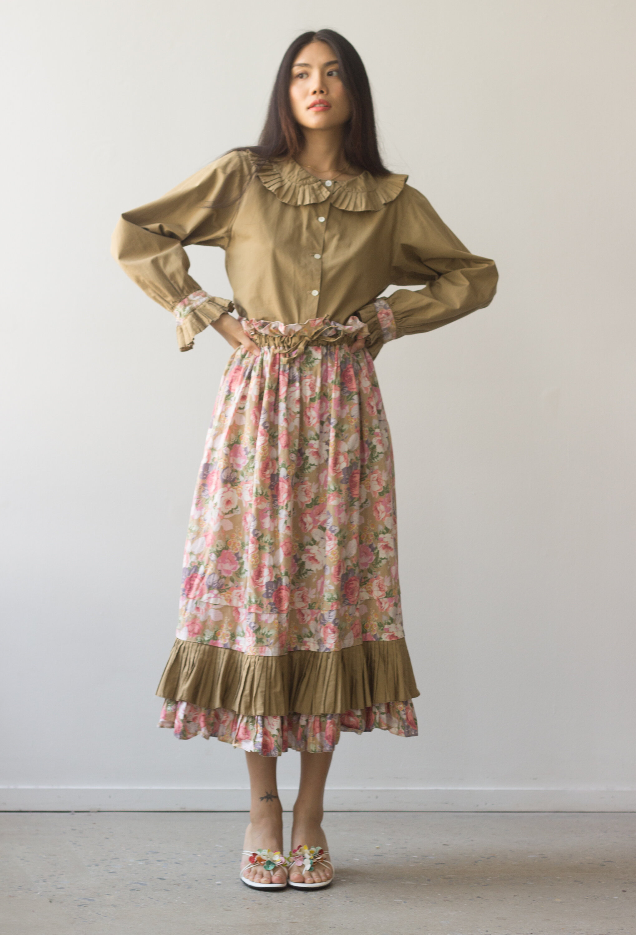 1980s Khaki and Floral Peasant Set