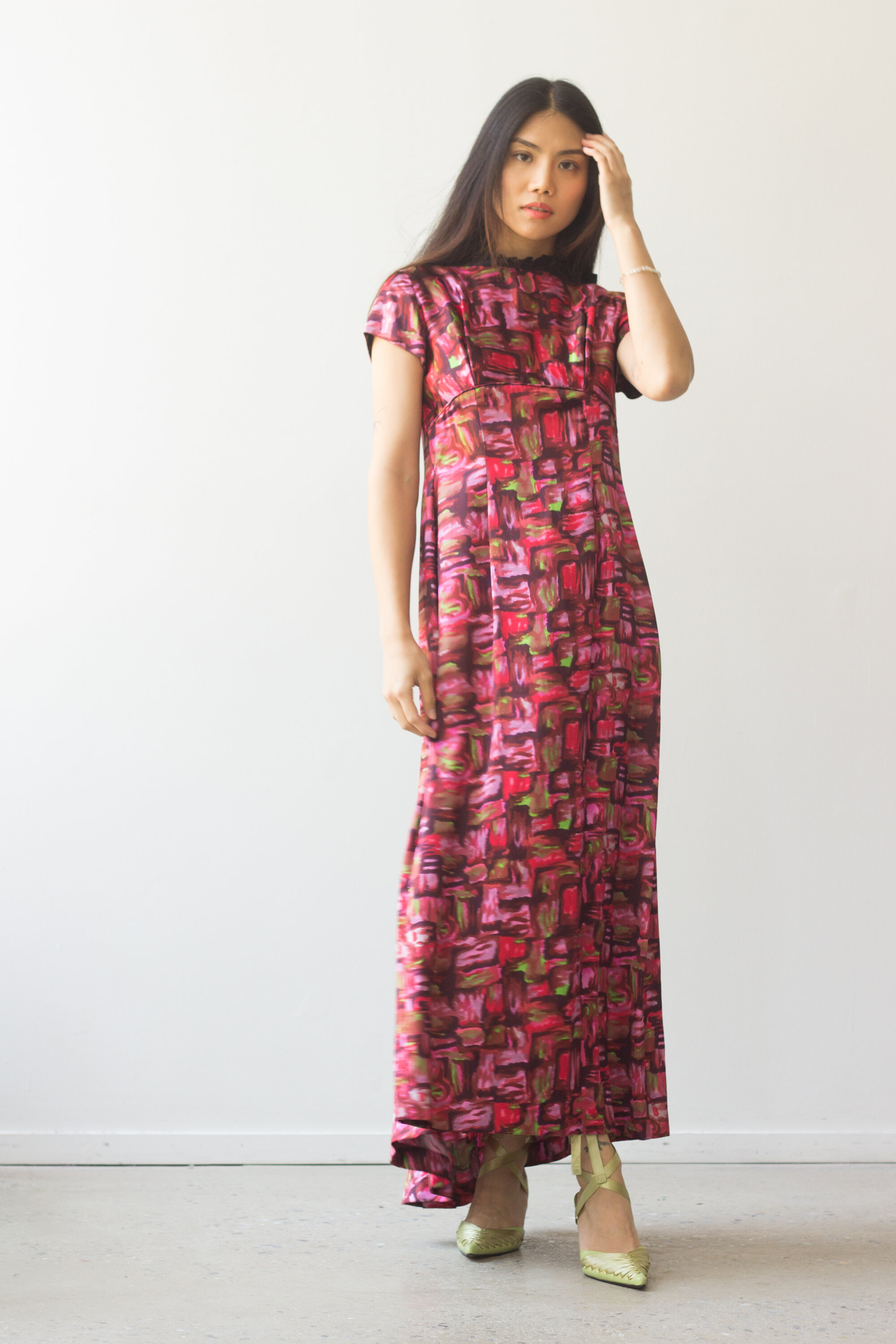 1960s Hawaiian Satin Maxi Dress with Scoop Back