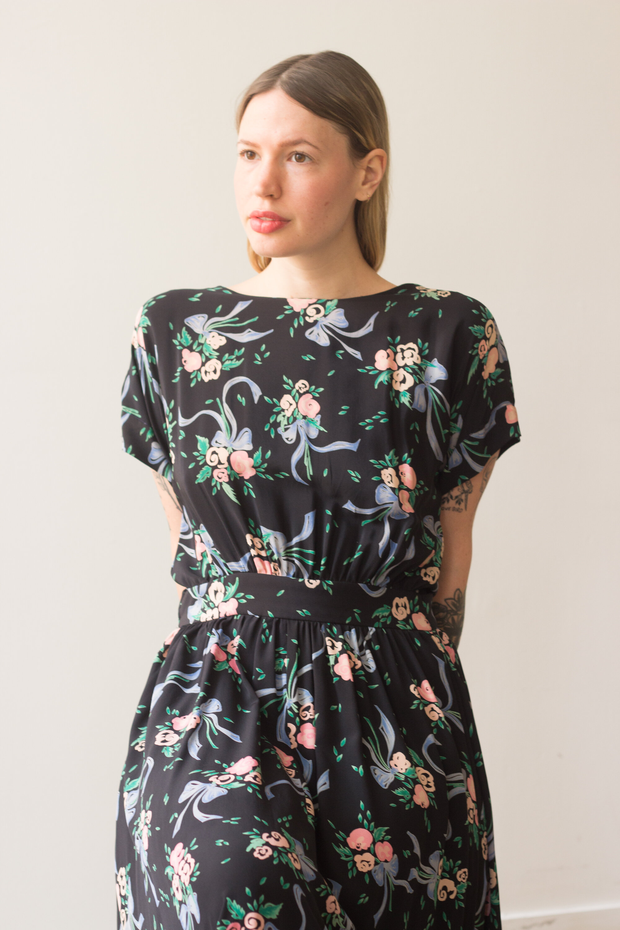 1980s Bonnie Yang Bouquet Silk Dress