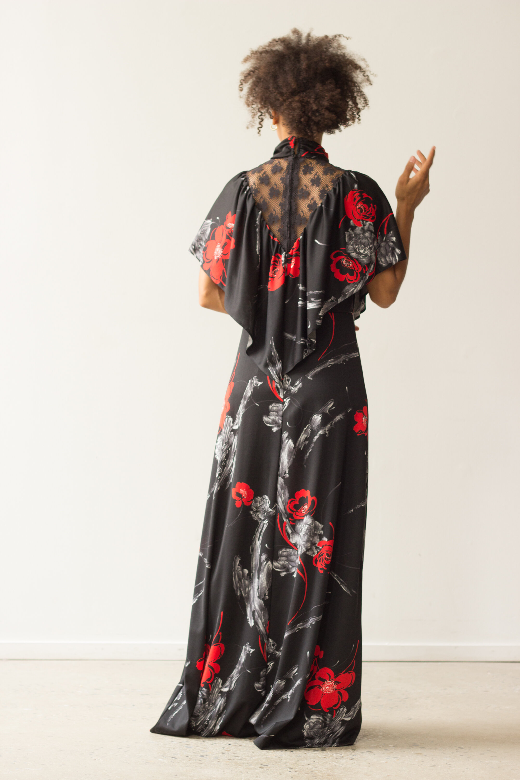 1970s High Collar Caplet Maxi Dress