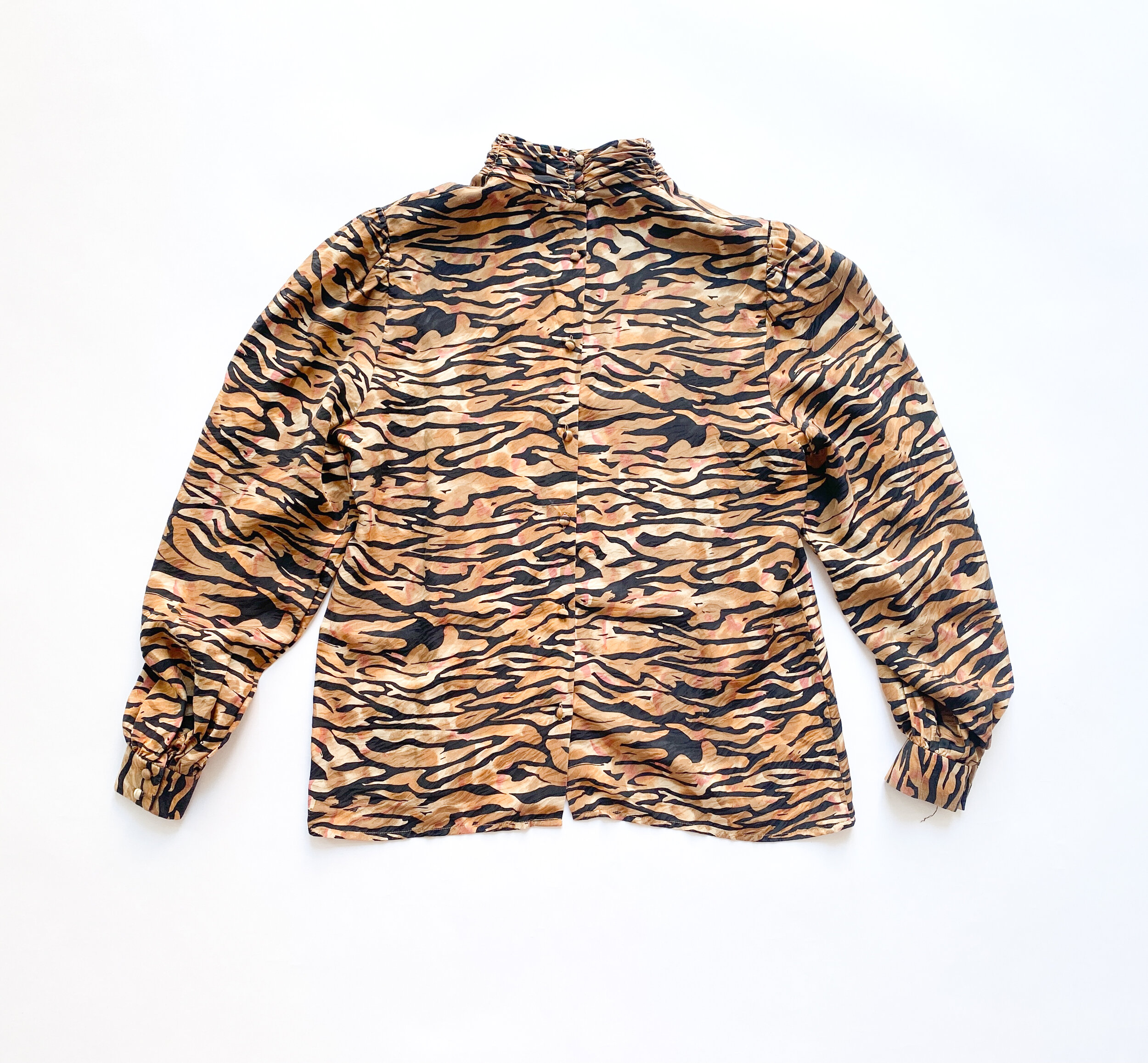 1980s Silk Farm Tiger Print Silk Blouse