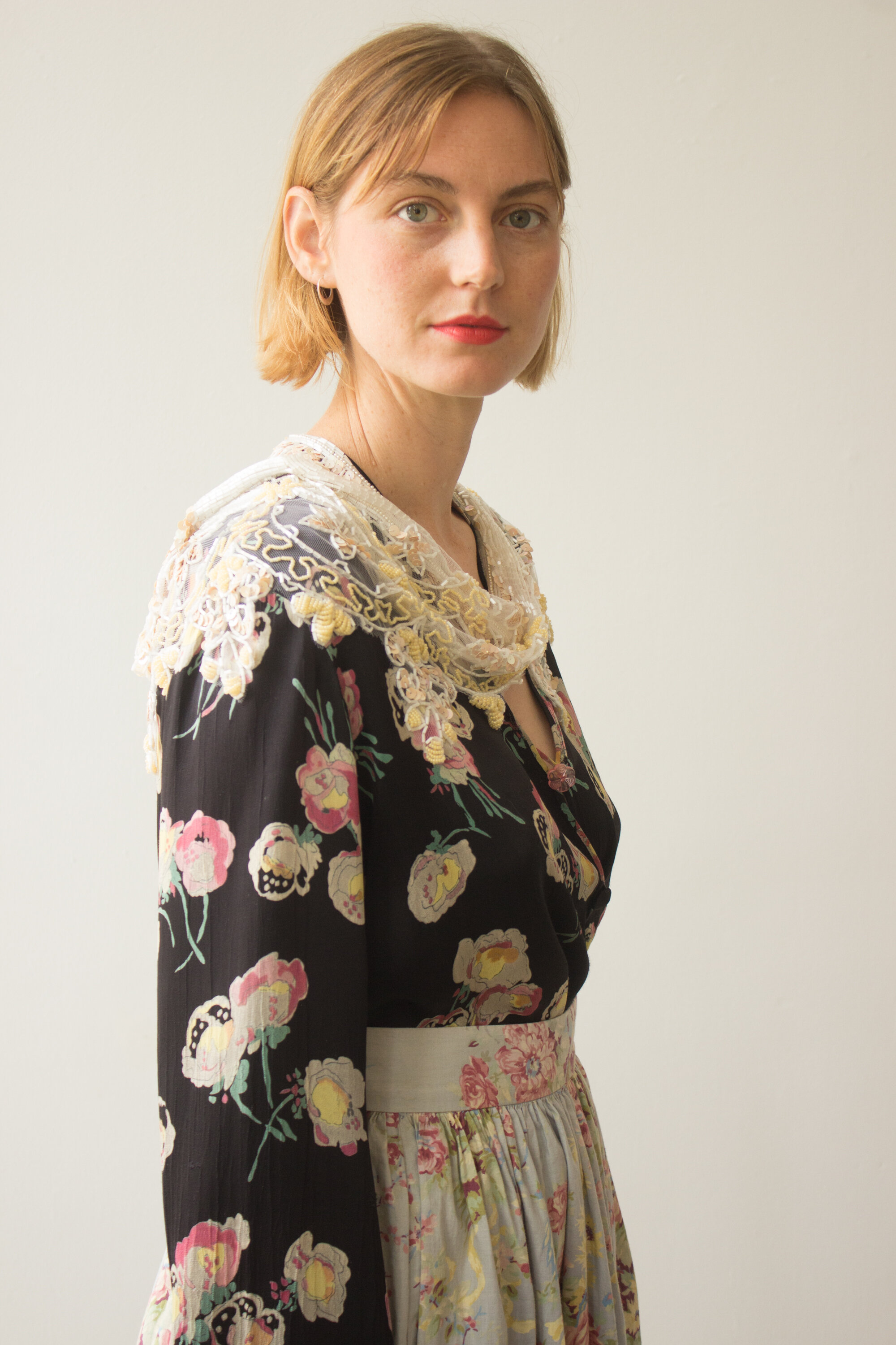 1940s Floral Satin Two Button Blouse