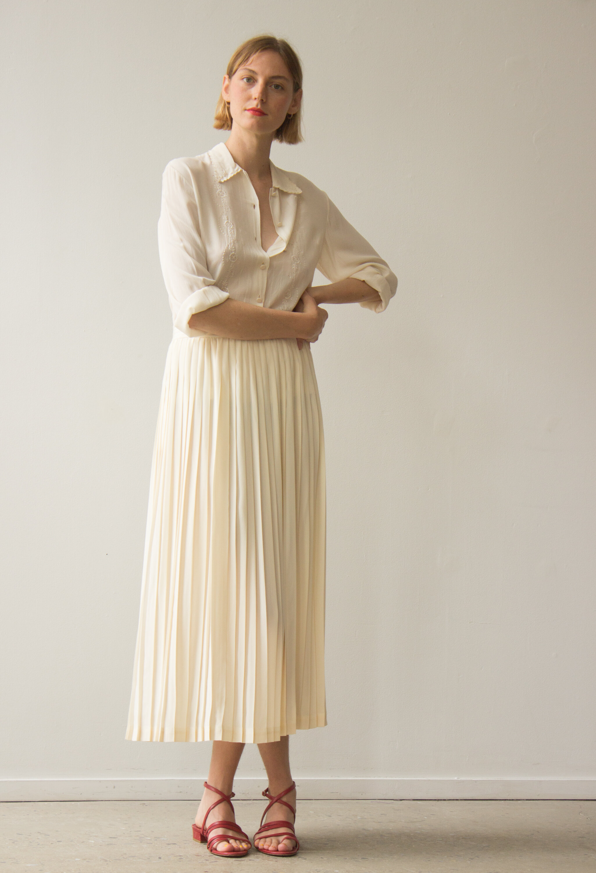 1980s Creme Silk Pleated Middy Skirt