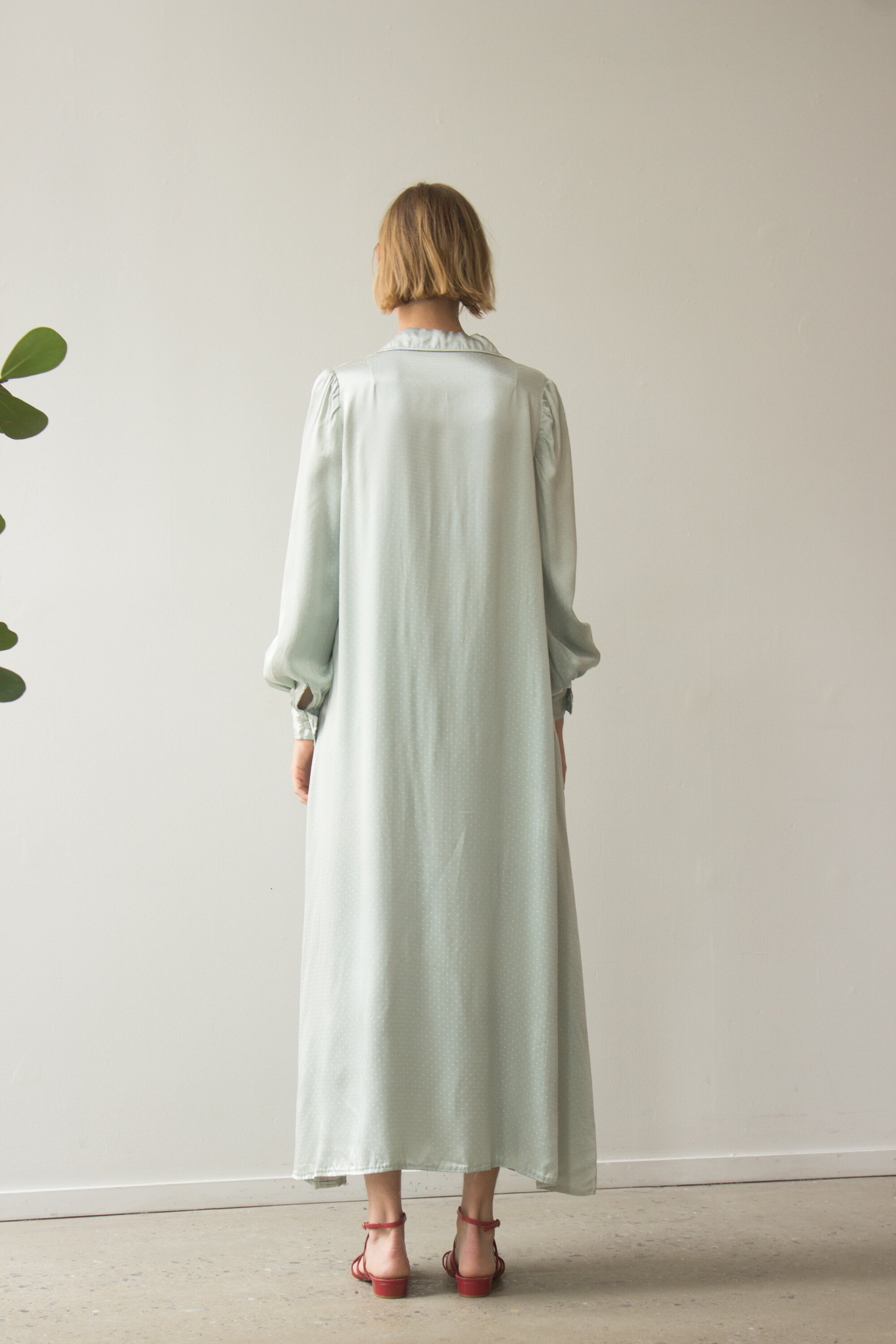 1970s Pale Seafoam Dot Print Satin Trapeze Dress