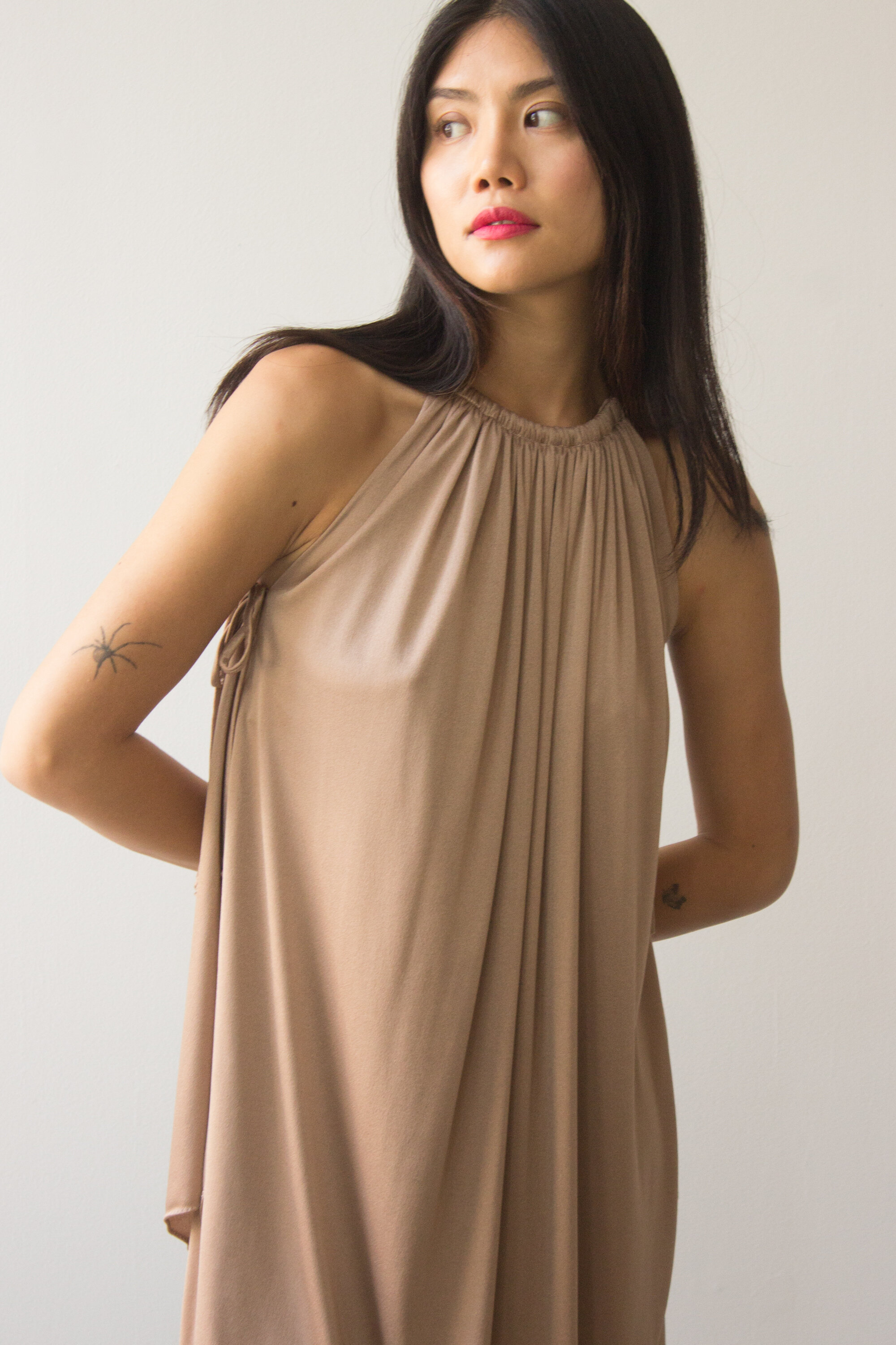1970s Champagne Jersey Layered Kerchief Dress