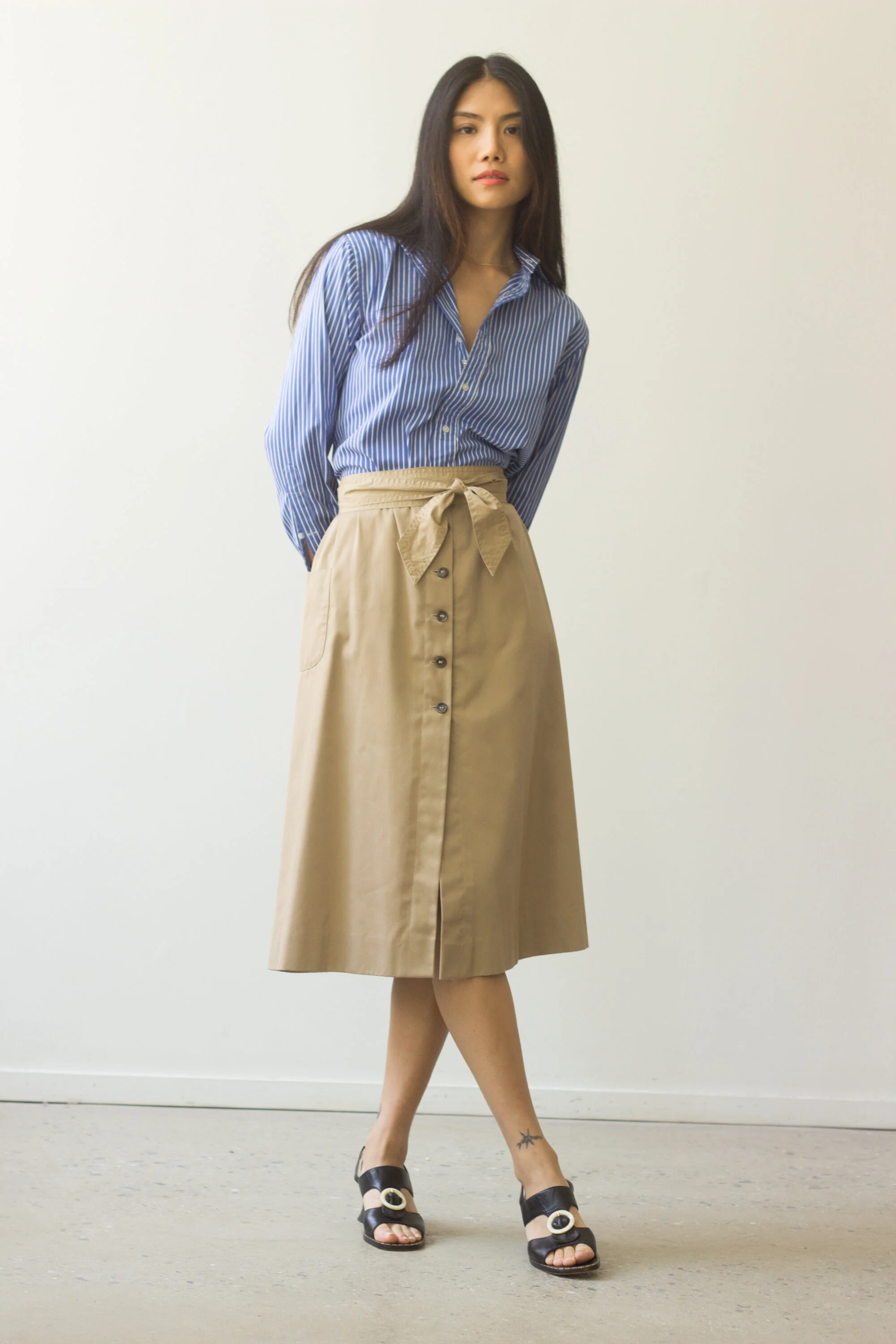 1970s Khaki Button Front A-Line Skirt