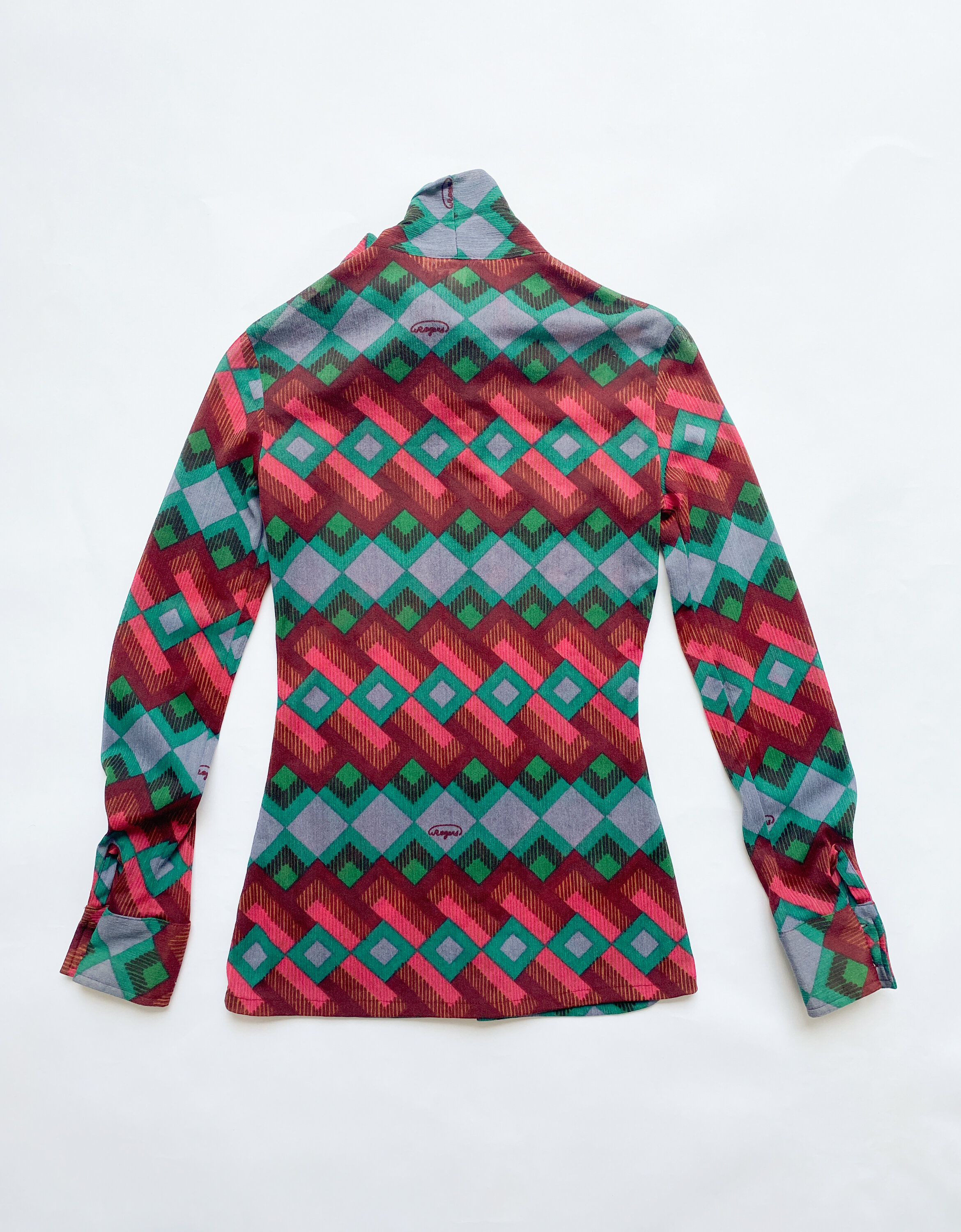 1970s Deco Pattern Tie Collar Nylon Gauze Top