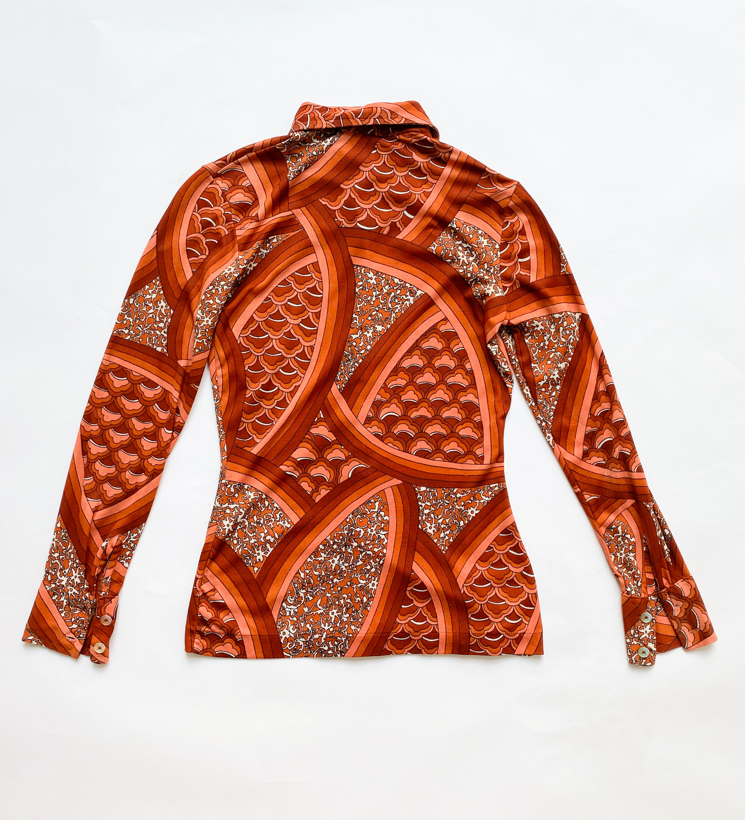 1970s Sienna Deco Motif Nylon Gauze Button Down