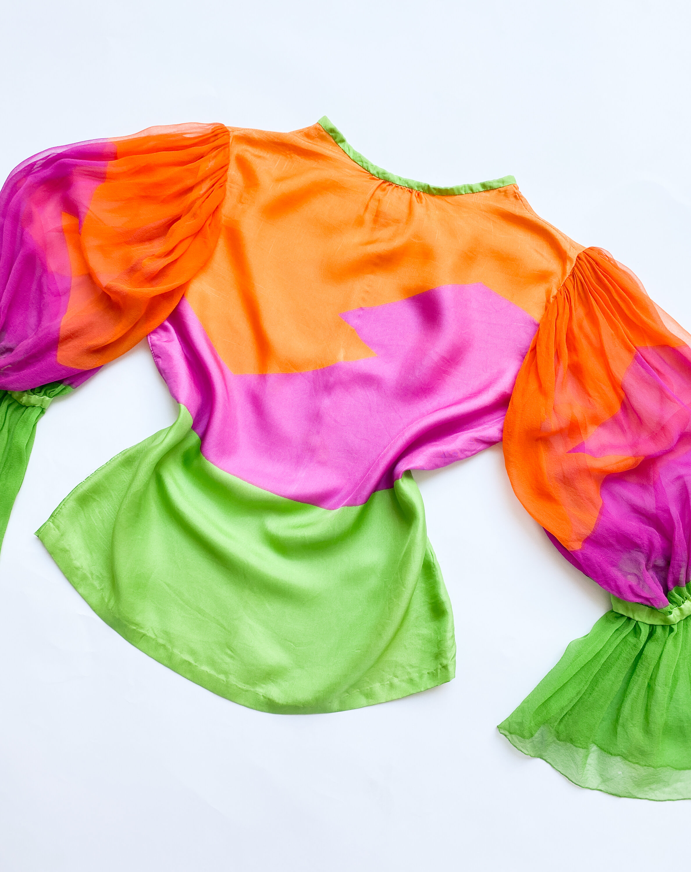 1970s Technicolor Silk Balloon Sleeve Top