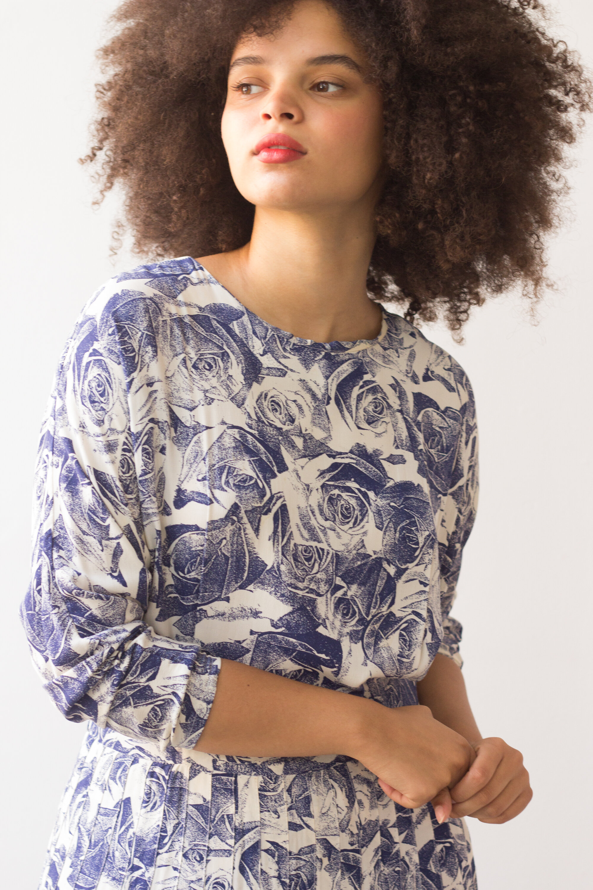 1980s Blue Denim Rose Rayon Easy Dress