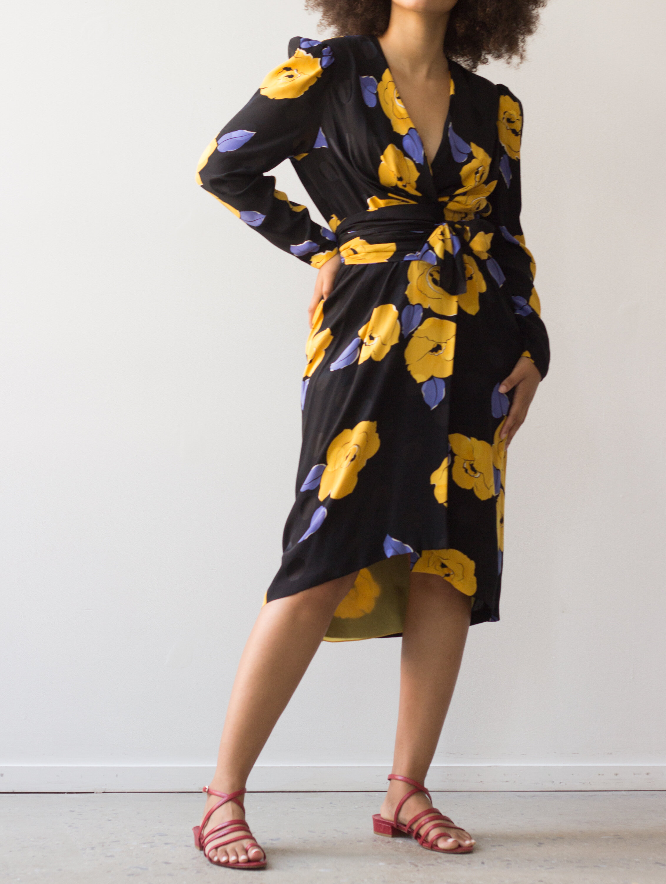 1980s Saint Romei Silk Puff Sleeve Wrap Dress