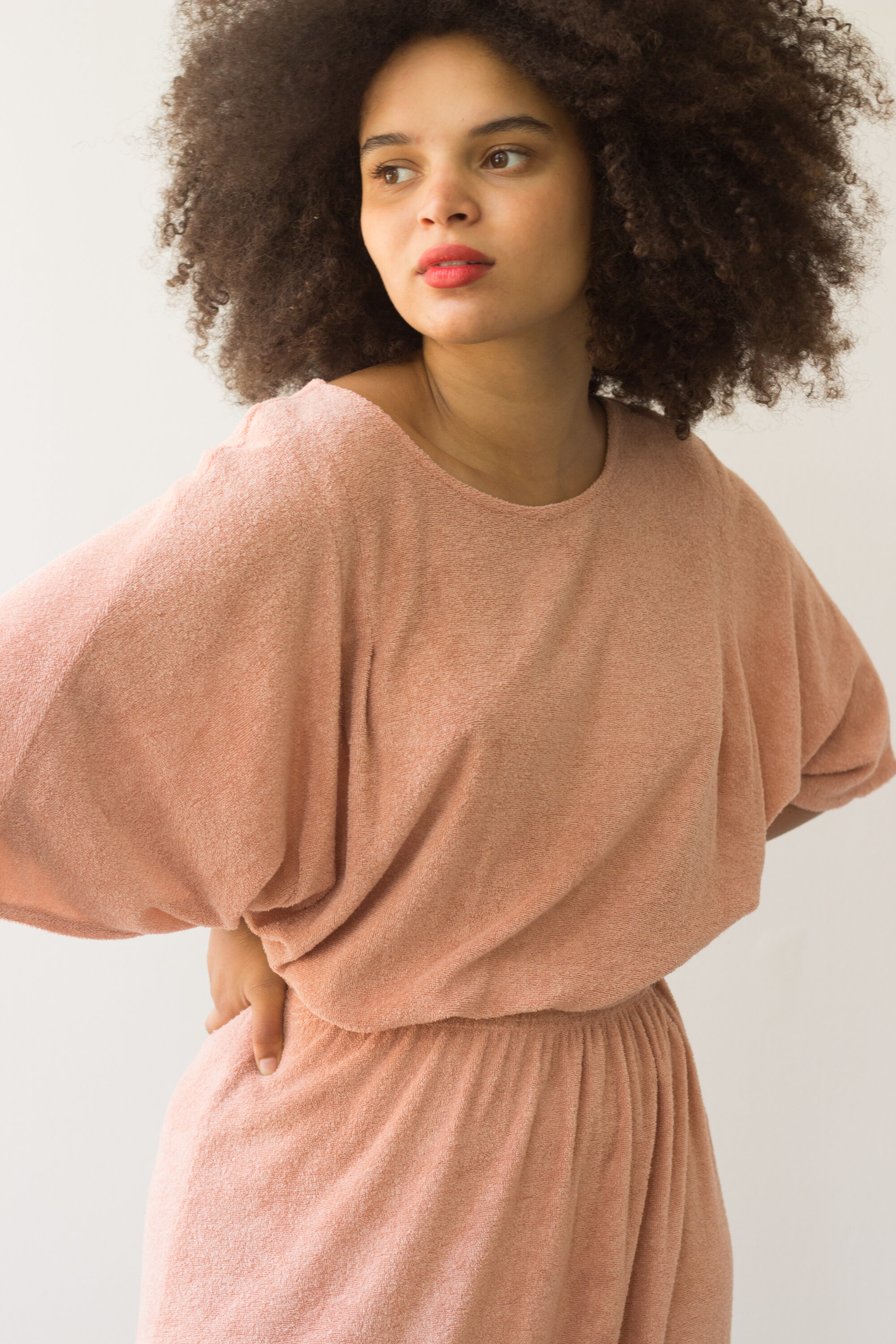 1970s Peach Terry Cloth Dolman Sleeve Dress