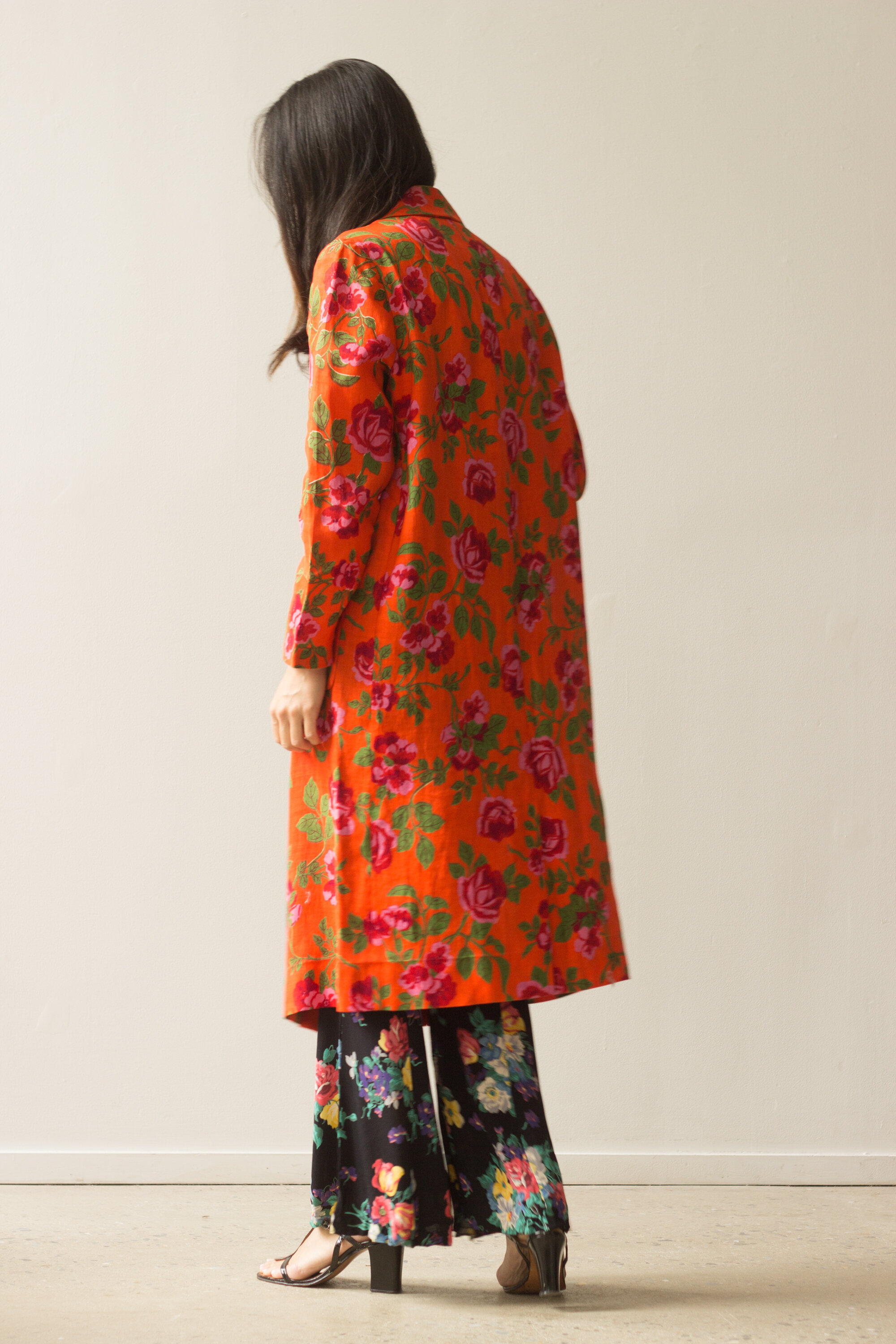 1990s Orange Floral Linen Duster Jacket